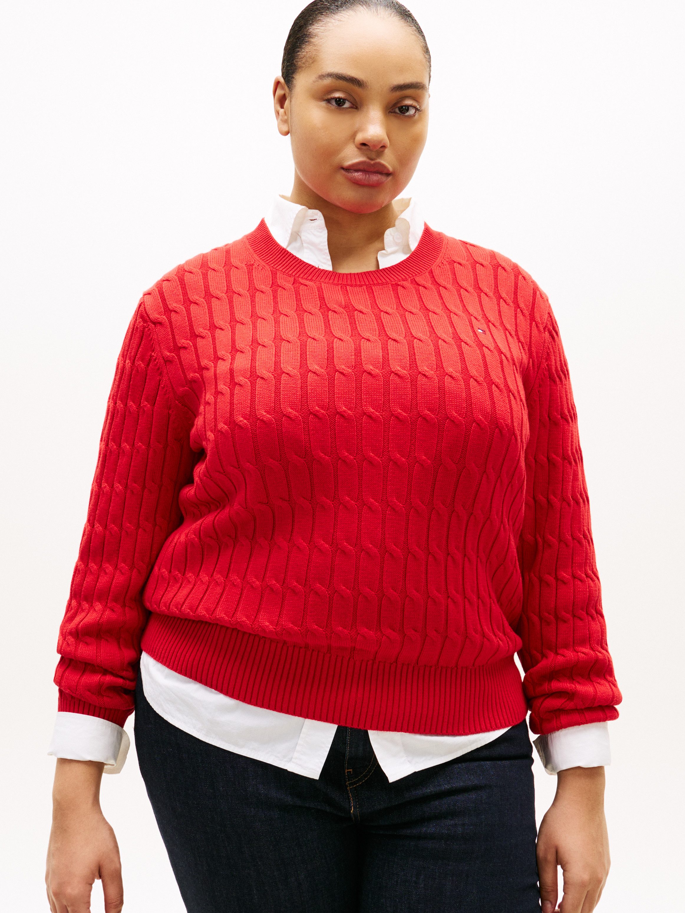 Tommy Hilfiger Curve Rundhalspullover CRV CO CABLE MID GG C-NK LS SWT in großen Größen, mit Zopfmuster