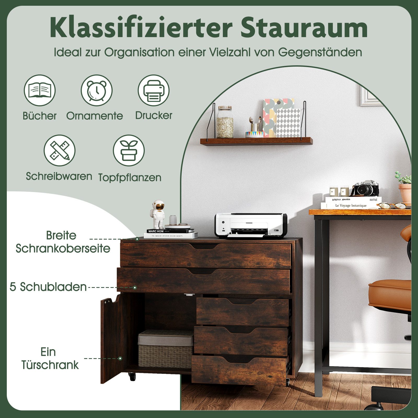 COSTWAY Rollcontainer, mit 5 Schubladen, Büroschrank mit Rollen, weiß