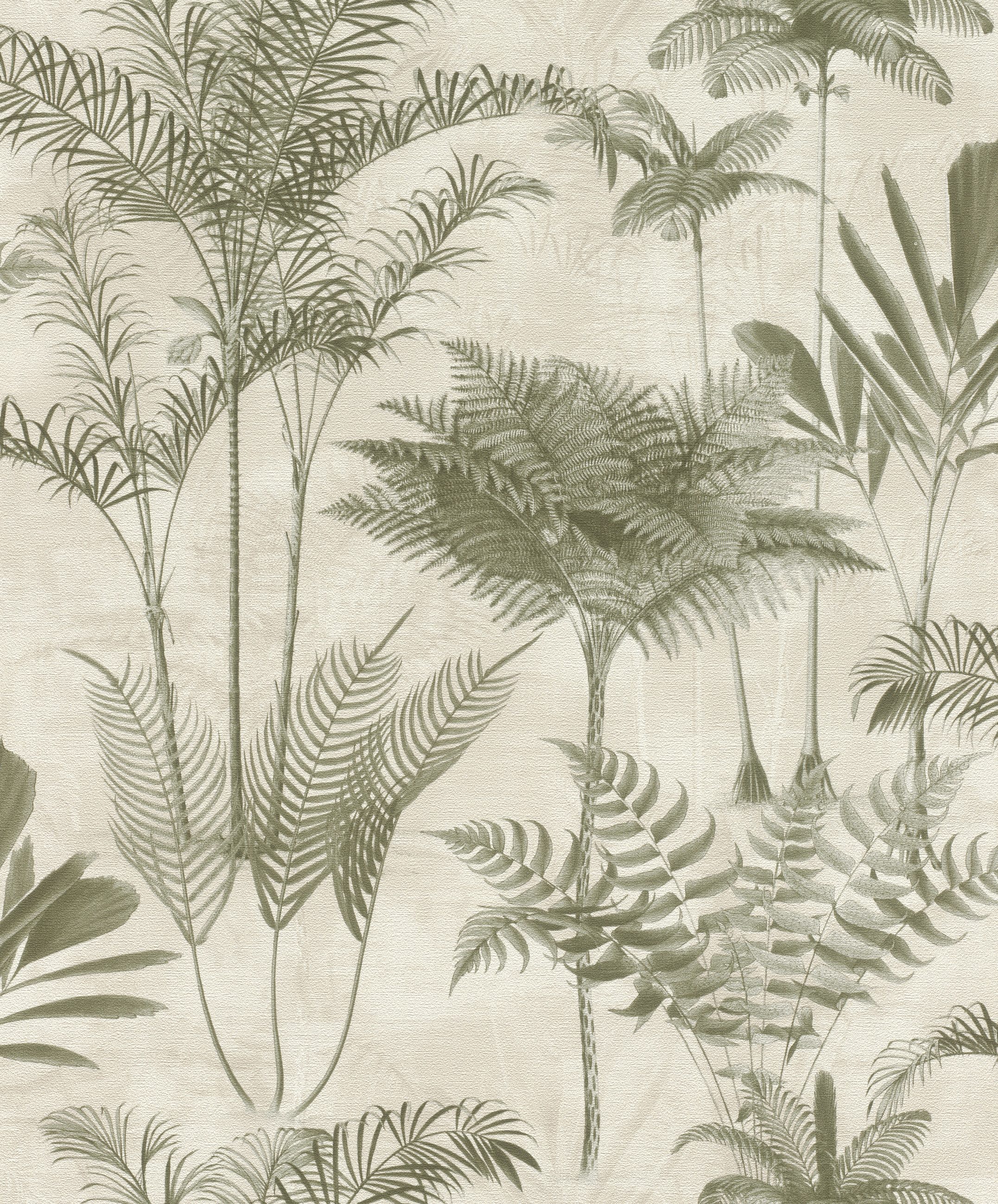 Rasch Vliestapete Palmen & Dschungel - Vinyltapete Beige Grün, Floral, (1 Rolle, 1 St., 10,05 m x 0,53 m), gute Lichtbeständigkeit, feucht abwischbar, restlos abziehbar