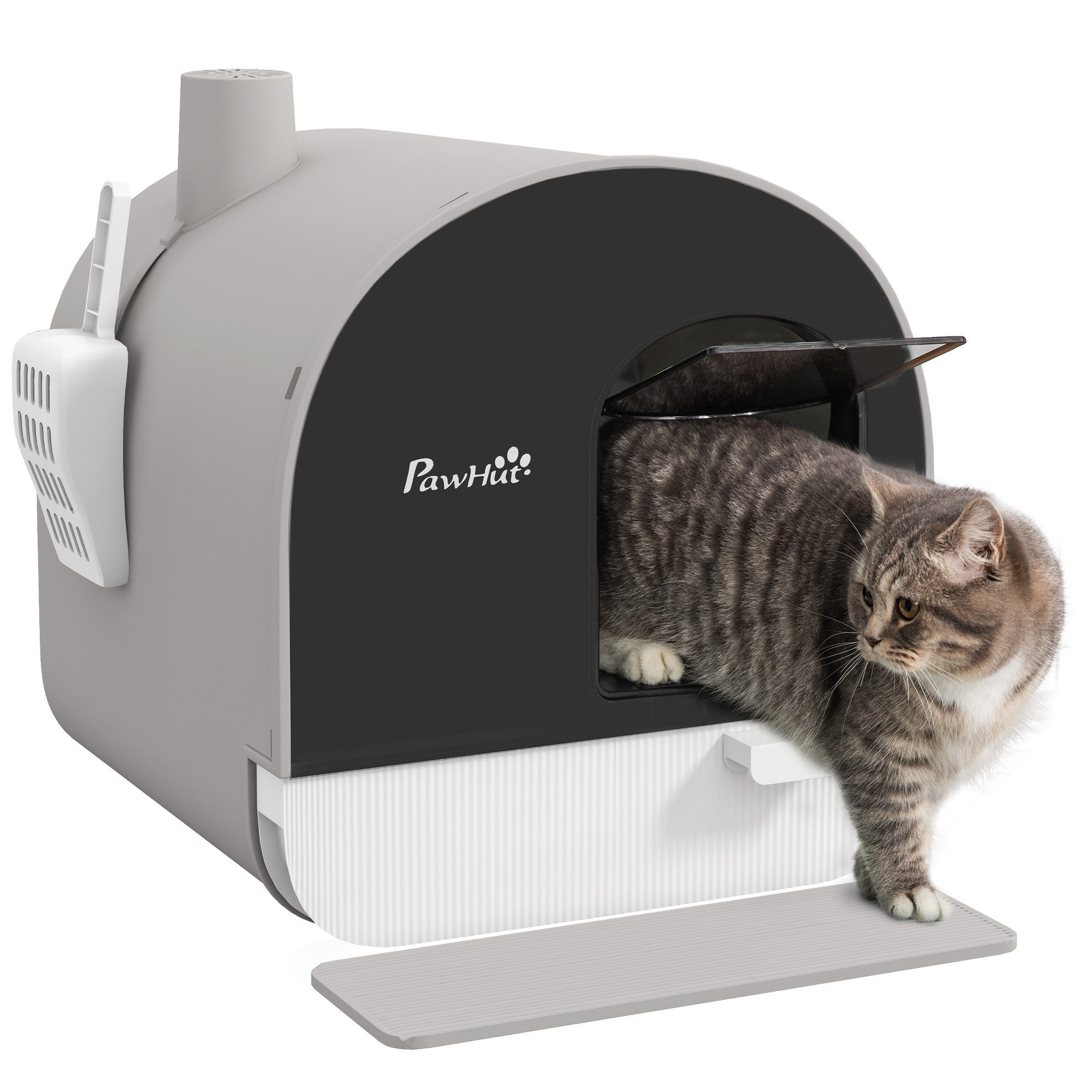 PawHut Katzentoilette Katzenklo mit Deckel inkl. Schaufel, ausziehbares Tablett, Toilette, Kunststoff, Grau, 43 x 44 x 47 cm