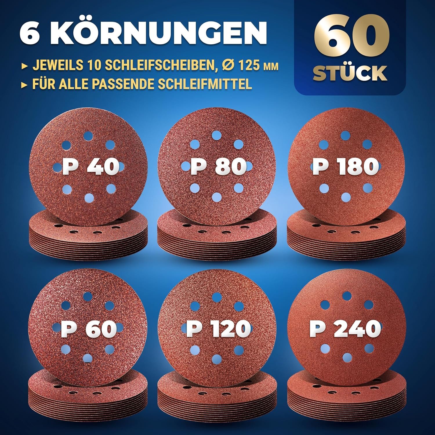 S&R Schleifpapier Klett Schleifpapier Professional, Set Ø 125 mm, (Set, 60 St., je 10x P40, P60, P80, P120, P180, P240), 8 Löcher, Schleifblätter für Exzenterschleifer