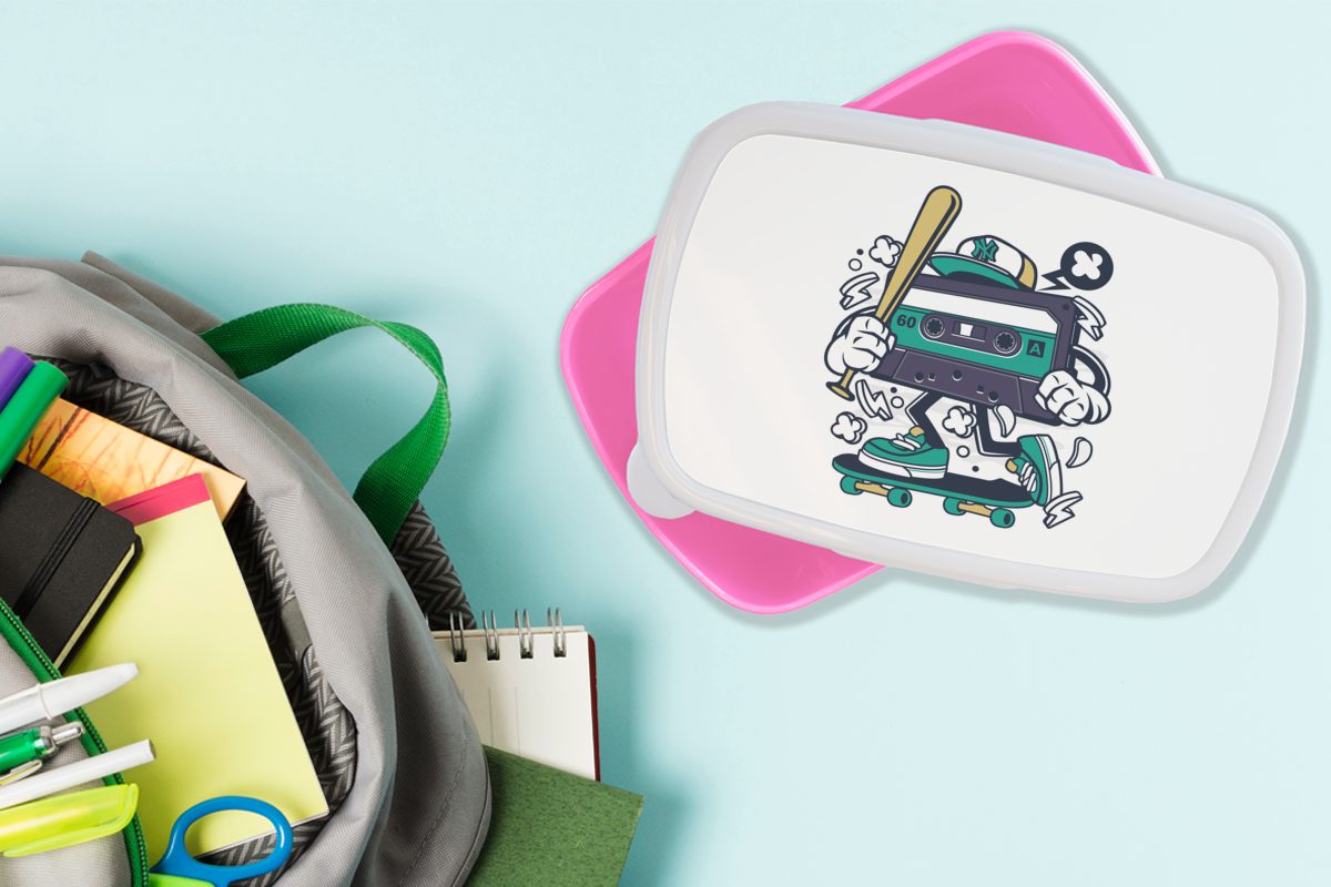 Lunchbox Baseballschläger Skateboard Mädchen, - für Kunststoff, Kassettenkassetten Brotdose Vintage, Kunststoff Snackbox, (2-tlg), Kinder, rosa - MuchoWow Erwachsene, - Brotbox