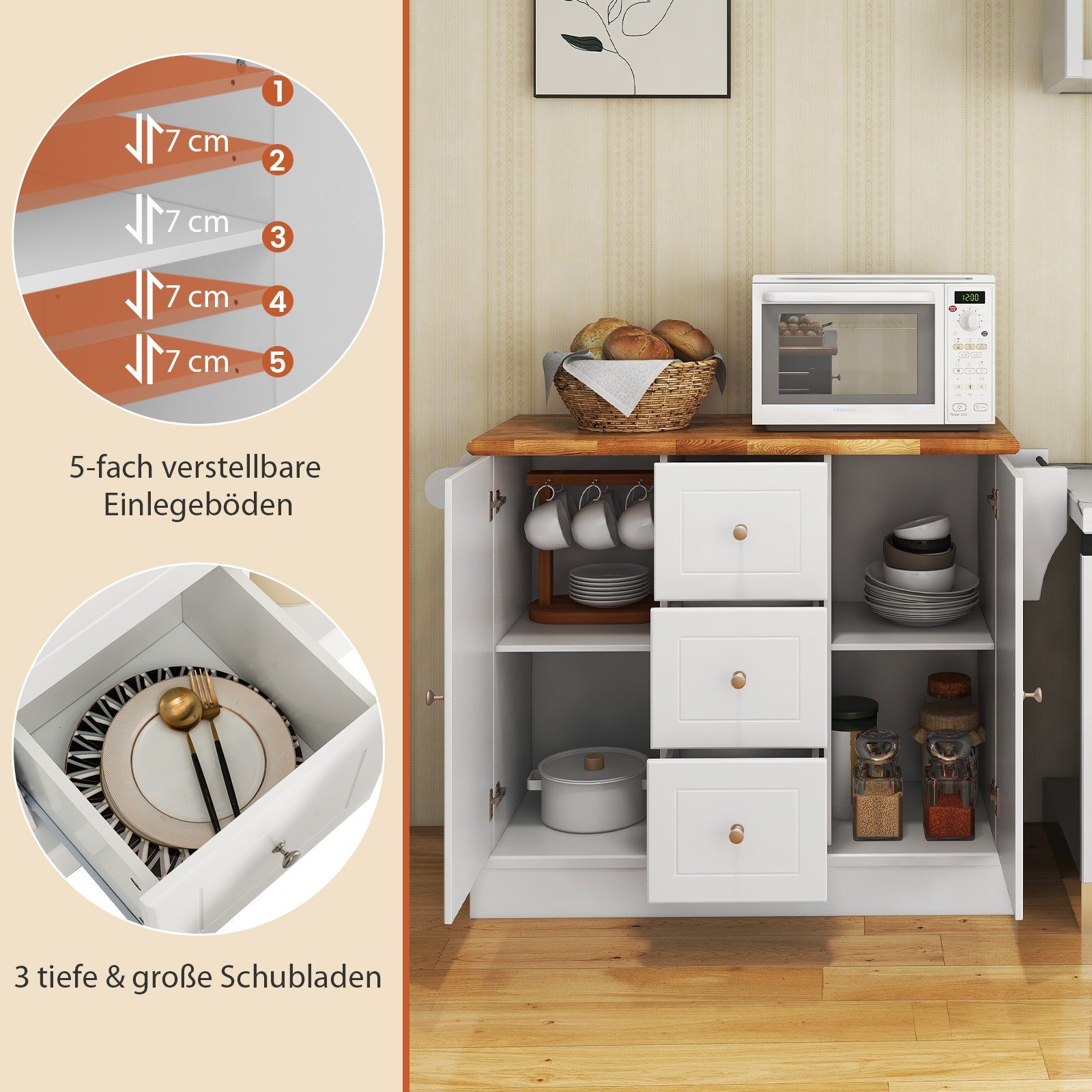 natur verstellbare 3 Schubladen Küchenbuffet 5-stufige weiß, Böden, COSTWAY