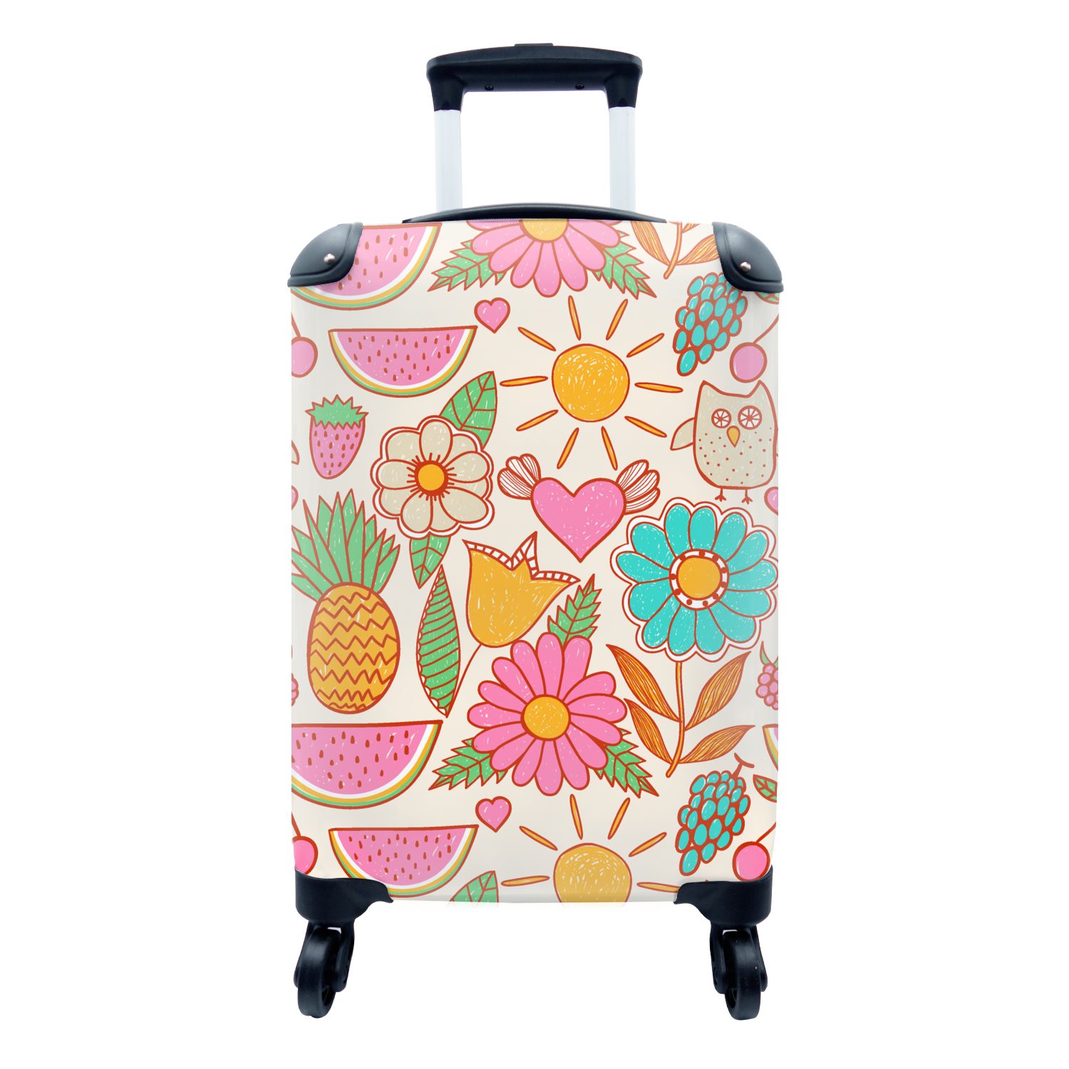 MuchoWow Handgepäckkoffer Eule - Regenbogen - Blumen - Kinder - Muster, 4 Rollen, Reisetasche mit rollen, Handgepäck für Ferien, Trolley, Reisekoffer