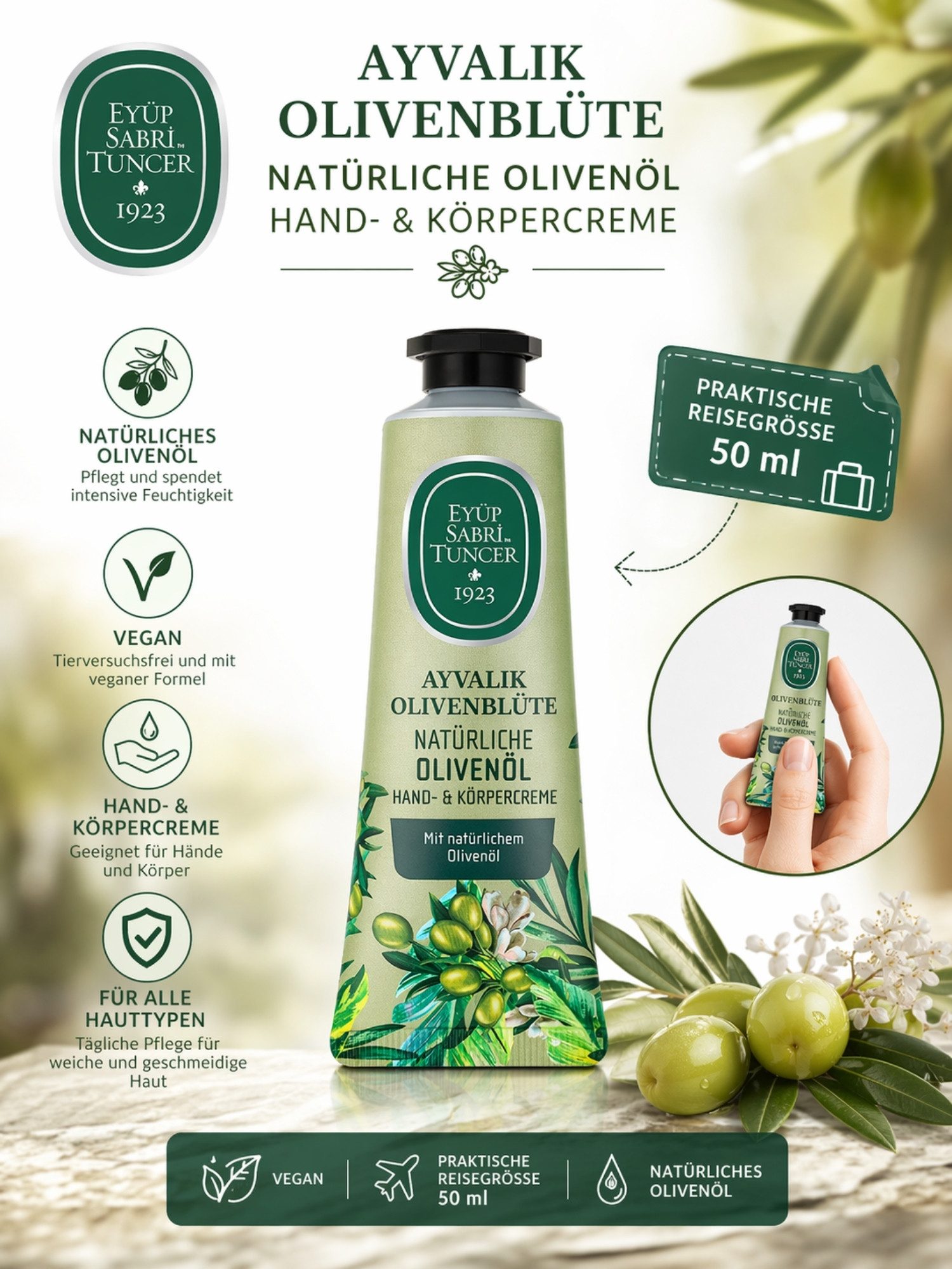 EYÜP SABRI TUNCER Handcreme Hand- & Körpercreme mit Olivenöl 50 ml verschiedene Düfte, Vegan, Vegan, mit Olivenöl, verschiedene Duftvarianten