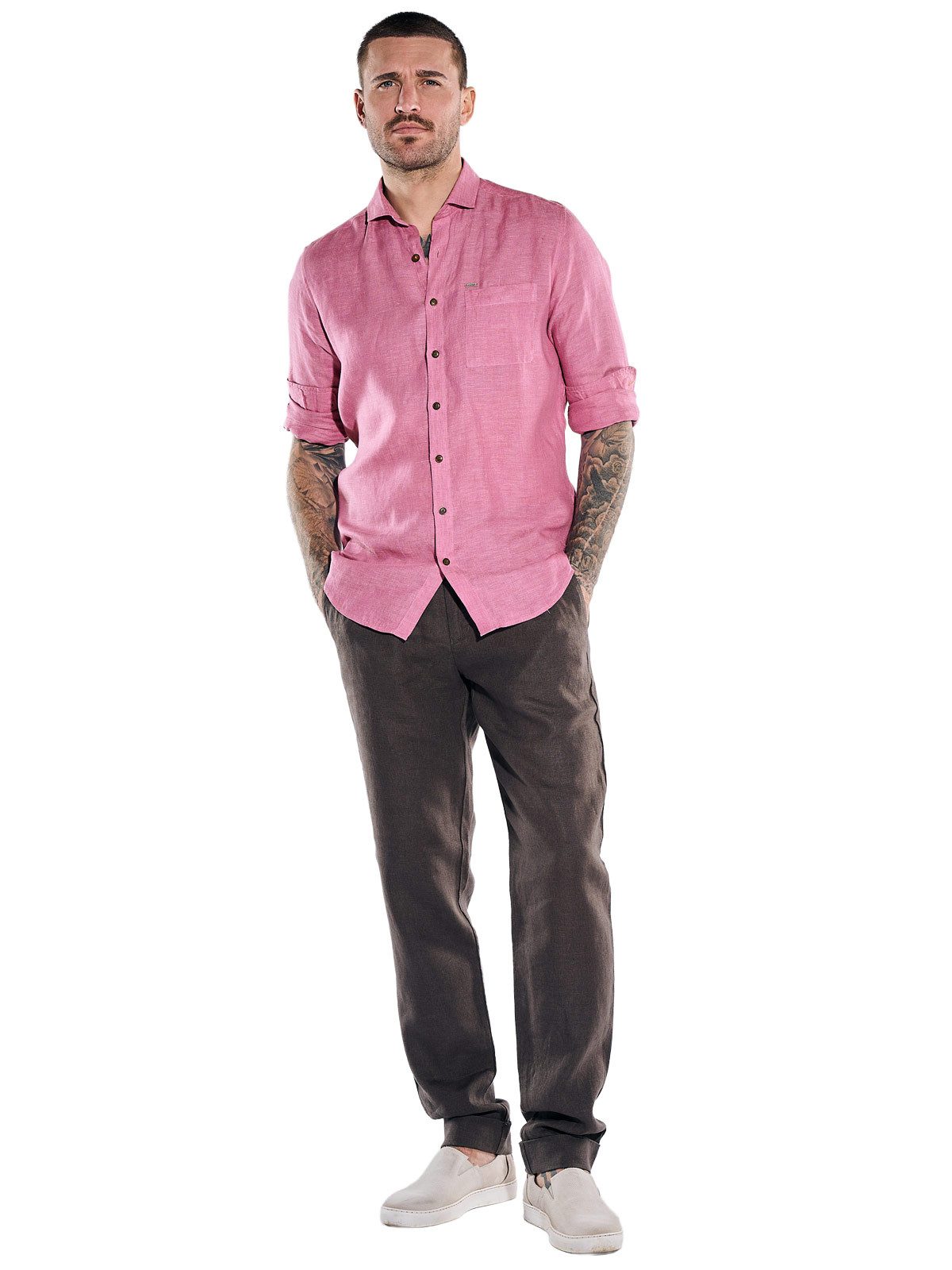 emilio adani Langarmhemd Herren Leinen-Hemd mit Haifisch-Kragen, Rosa