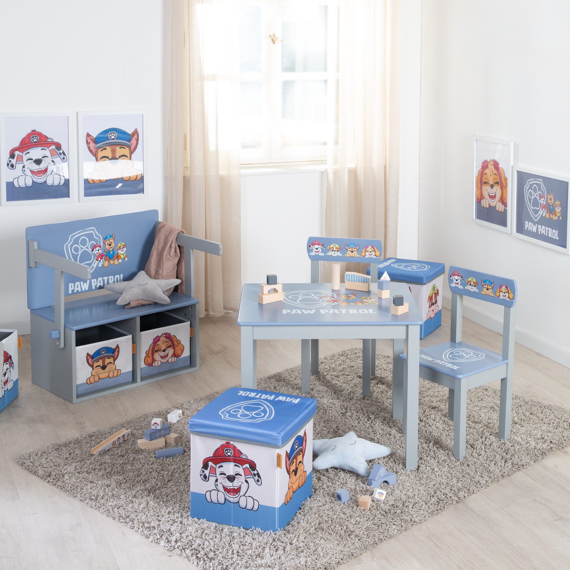 roba® Kindersitzgruppe Paw Patrol - Stuhl + Tisch - Sitzgarnitur / Sitzmöbel, Mit Zeichentrick Hunden - Holz grau / blau - Ab 18 Monaten
