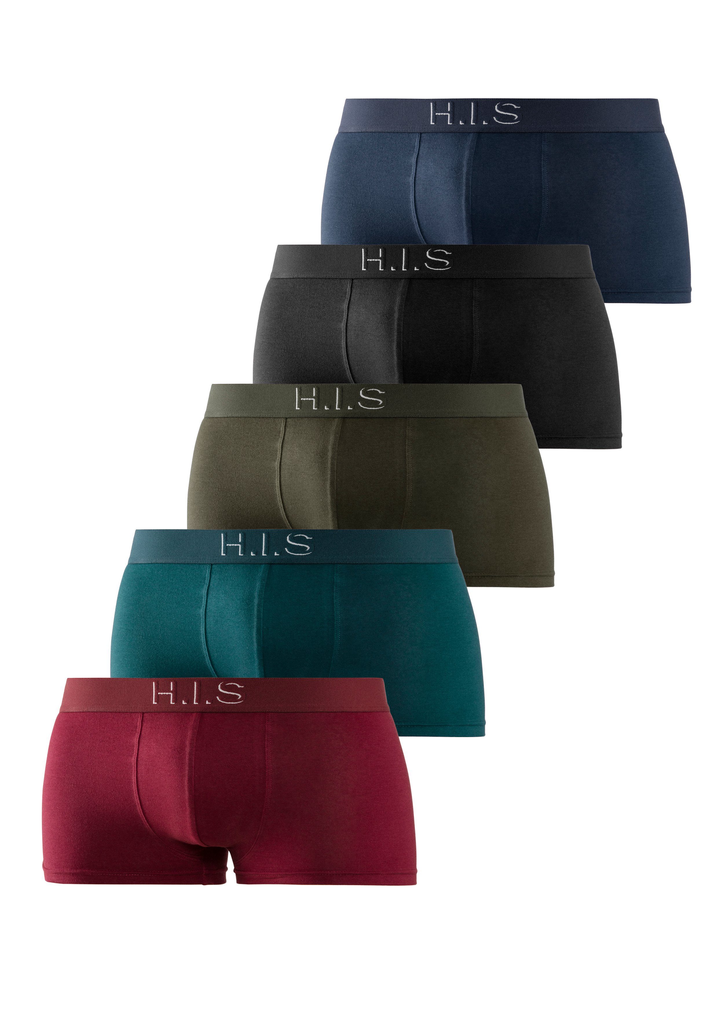 Logoschriftzug mit in schwarz, am 5-St) petrol, H.I.S Hipster-Form Boxershorts (Packung, Webbund mit navy bordeaux, 3D olivgrün, Effekt