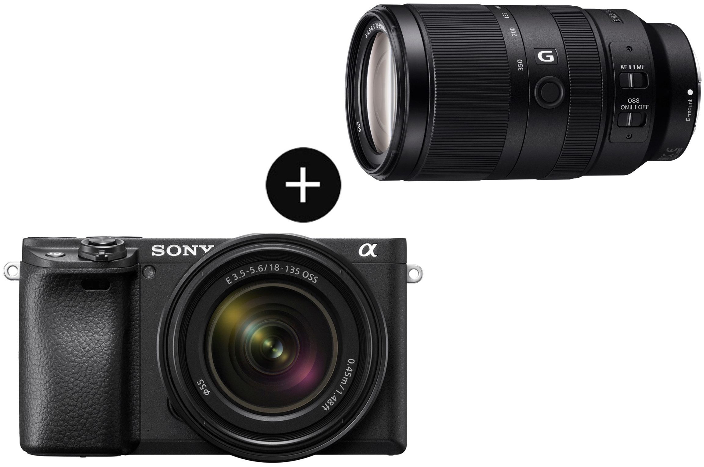 Sony Set: SEL70350G Objektiv + Alpha 6400AMB APS-C Systemkamera (SEL-18135, SEL70350G, 24 MP, 2x opt. Zoom, Bluetooth, WLAN, E-Mount Systemkamera, 24 Megapixel, 4K Video, 180° Klapp-Display)