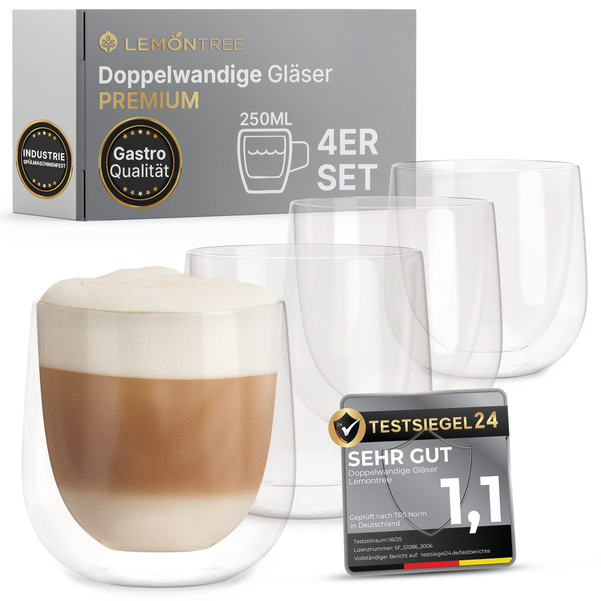 Lemontree Thermotasse 4er Set Cappuccino Tassen - Latte Macchiato Gläser doppelwandig, 180 Grad spülmaschinenfest und hitzebeständig - Gastronomie Qualität