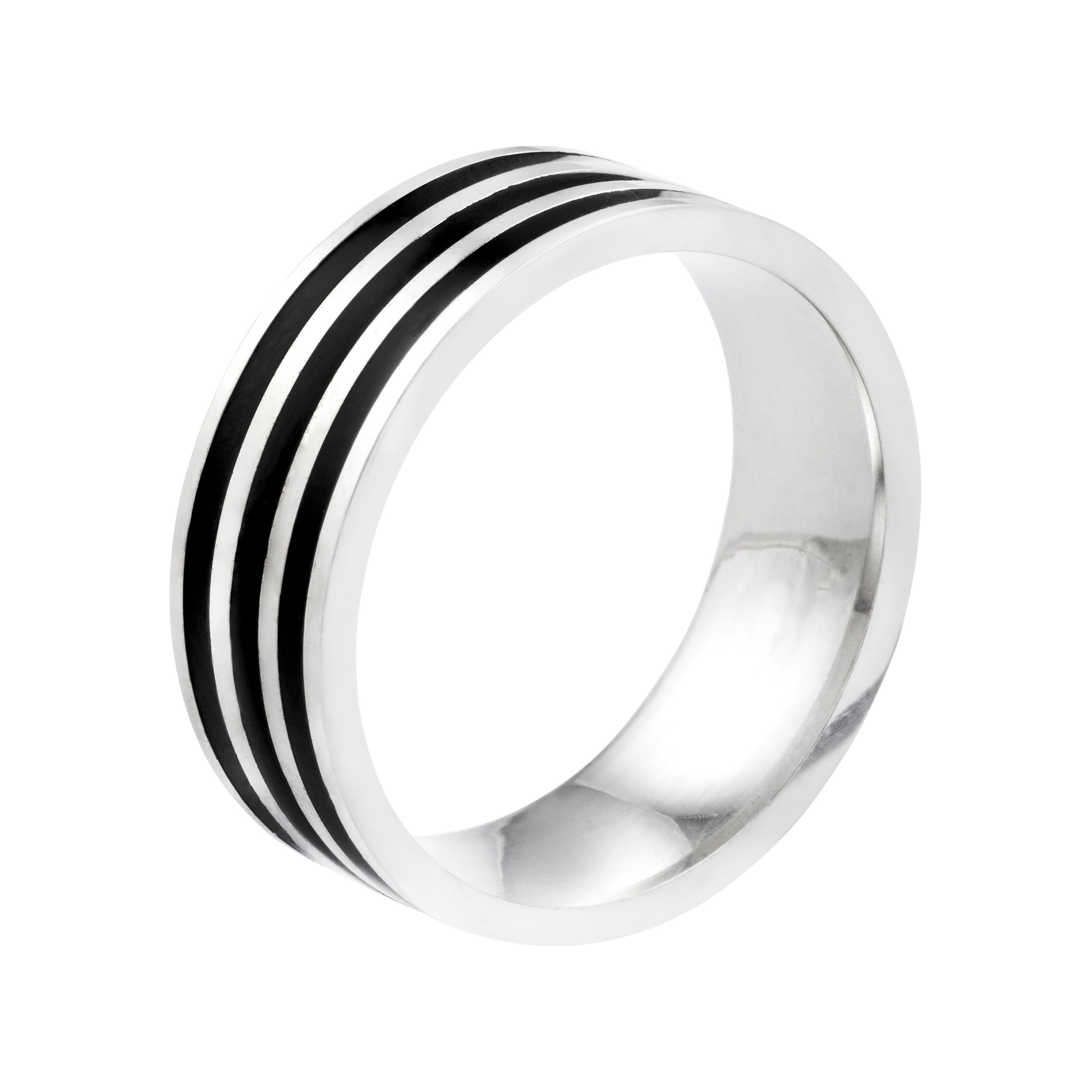 Fingerring Herren-Edelstahlring · mit Längsrillen in schwarz und silber · 64