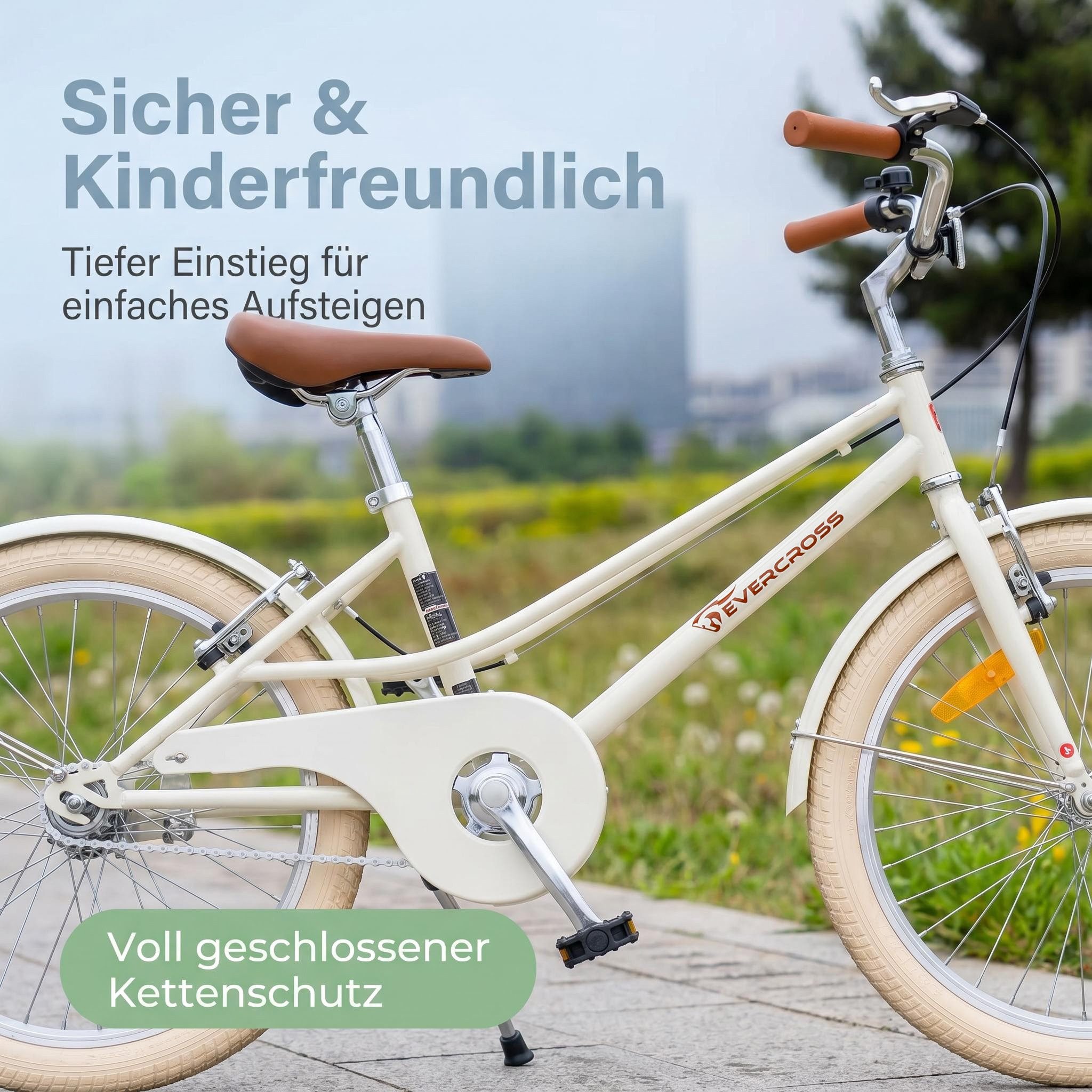 EVERCROSS TECH Kinderfahrrad EM2 20 Zoll Retro Cremeweiß für Kinder ab 6 Jahre, 1 Gang, Niedriger Einstieg, V-Bremsen, Sicher & Komfortabel für Alltag