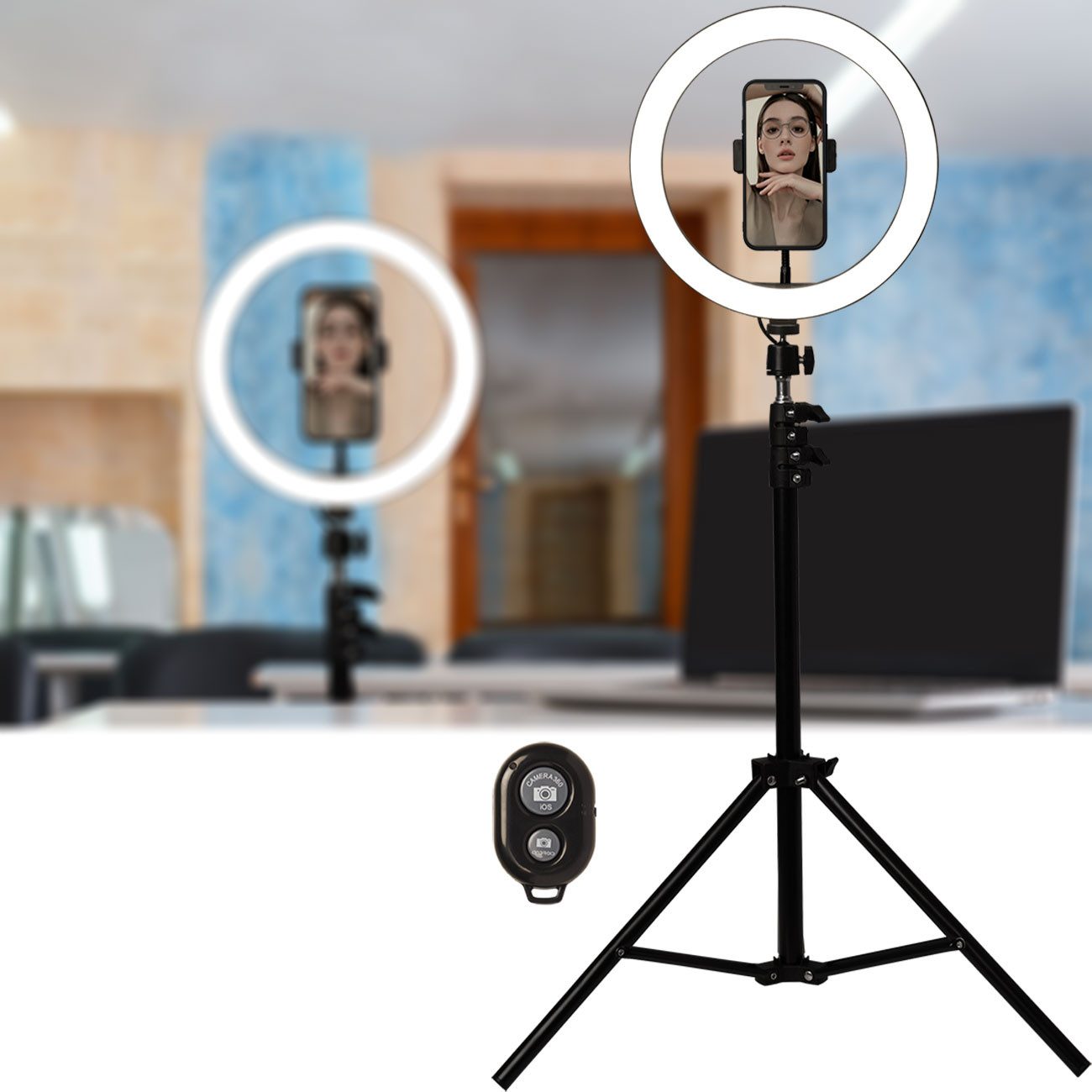 Casativo Professionelles LED-Ringlicht, Stativ-Ständer und Smartphone-Halterung Studio-Blitzgerät, (Fernauslöser, Ø 10" / 25 cm, App)