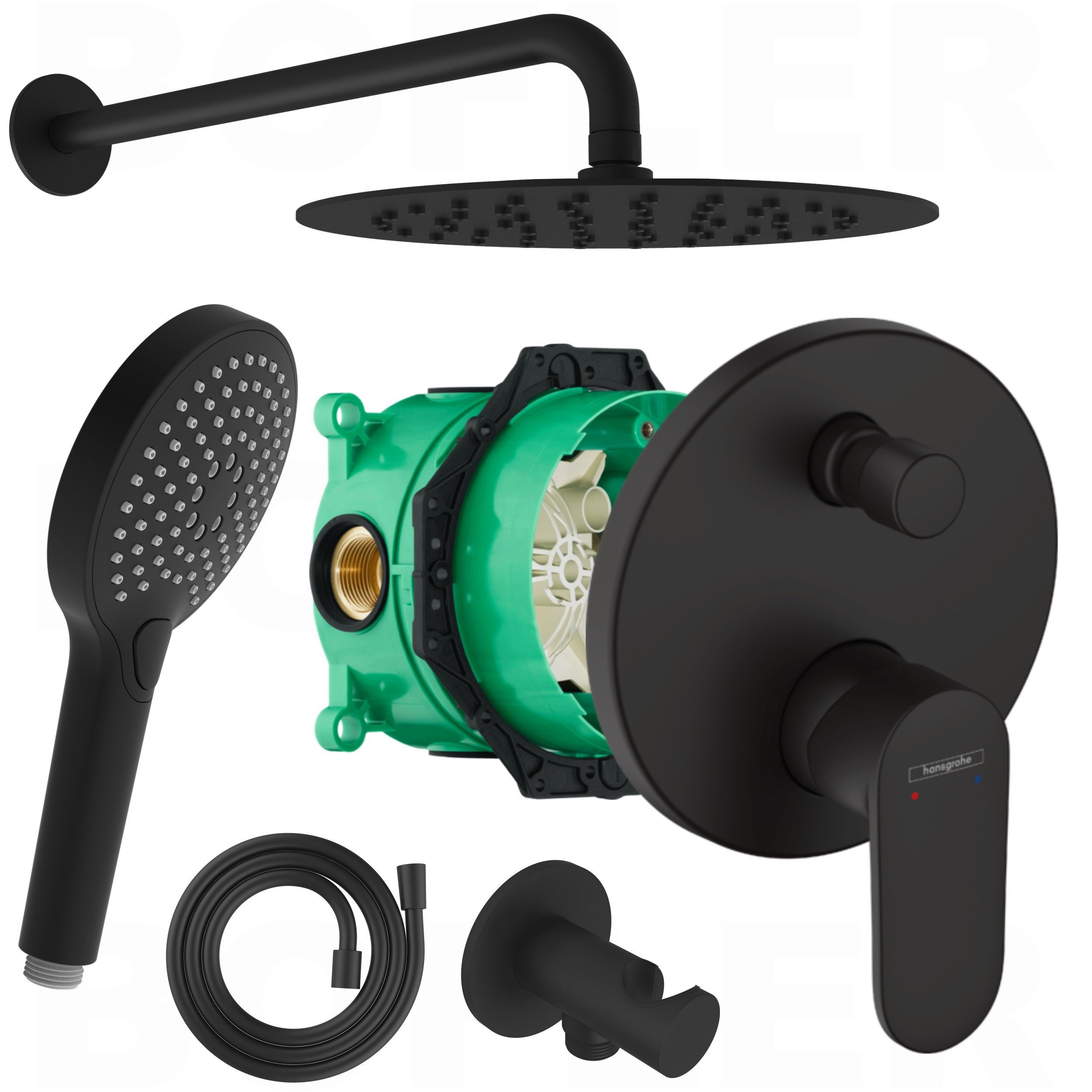 hansgrohe Duscharmatur Vernis Blend (Duschsystem, Duschanlage, inkl. BOFLER Brauseset, Regendusche Ø20cm, Wandarm, IBOX) matt schwarz