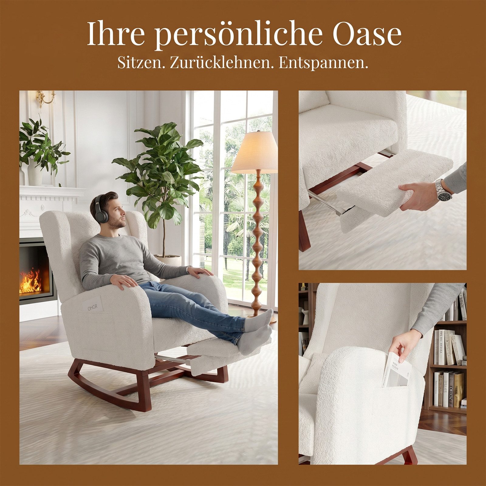 BELUPAI Schaukelstuhl Polster Schaukelsessel, mit Fußstütze,für Schlafzimmer, (Set, 1 St), 2 Seitentaschen,1 Lendenkissen,Teddystoff,Beige – Bild 4 von 5