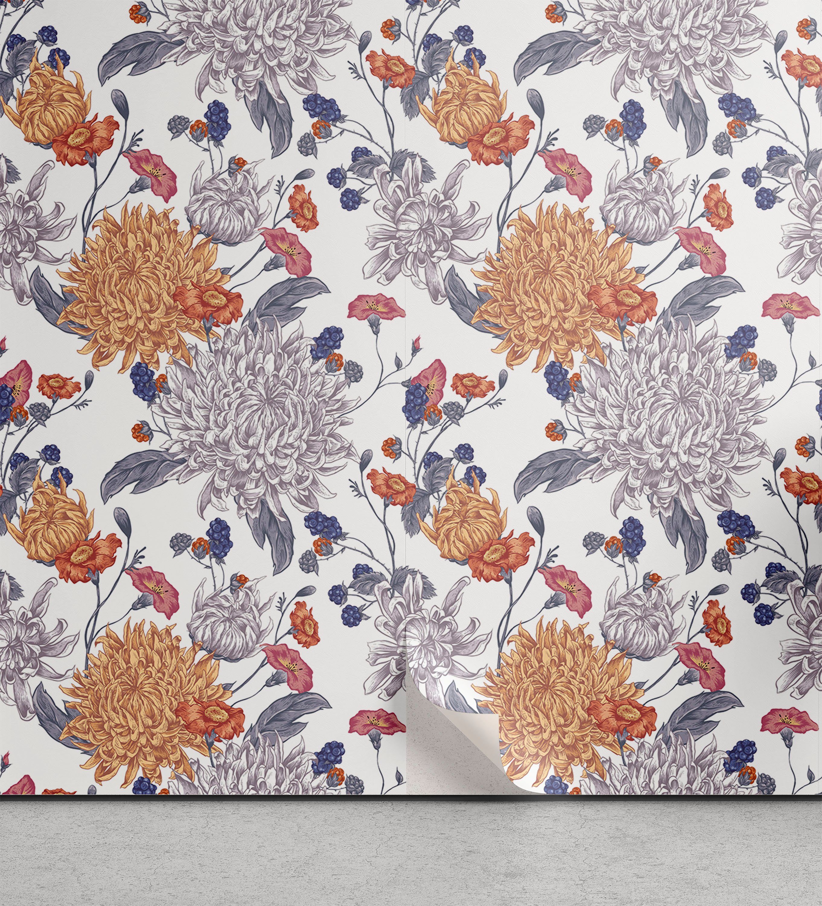 Abakuhaus Vinyltapete selbstklebendes Wohnzimmer Küchenakzent, Vintage Botanik gezeichnet Chrysanthemen