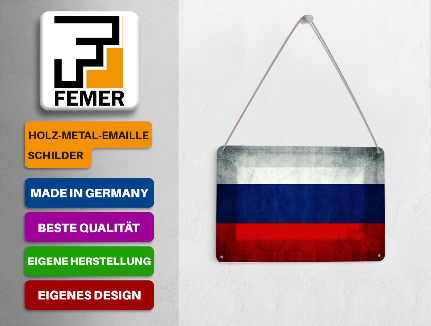 Femer GmbH Postkarte Blechpostkarte Flagge 14x10 cm Russland Fahne Russia Flag Deko Schild, unfrankiert