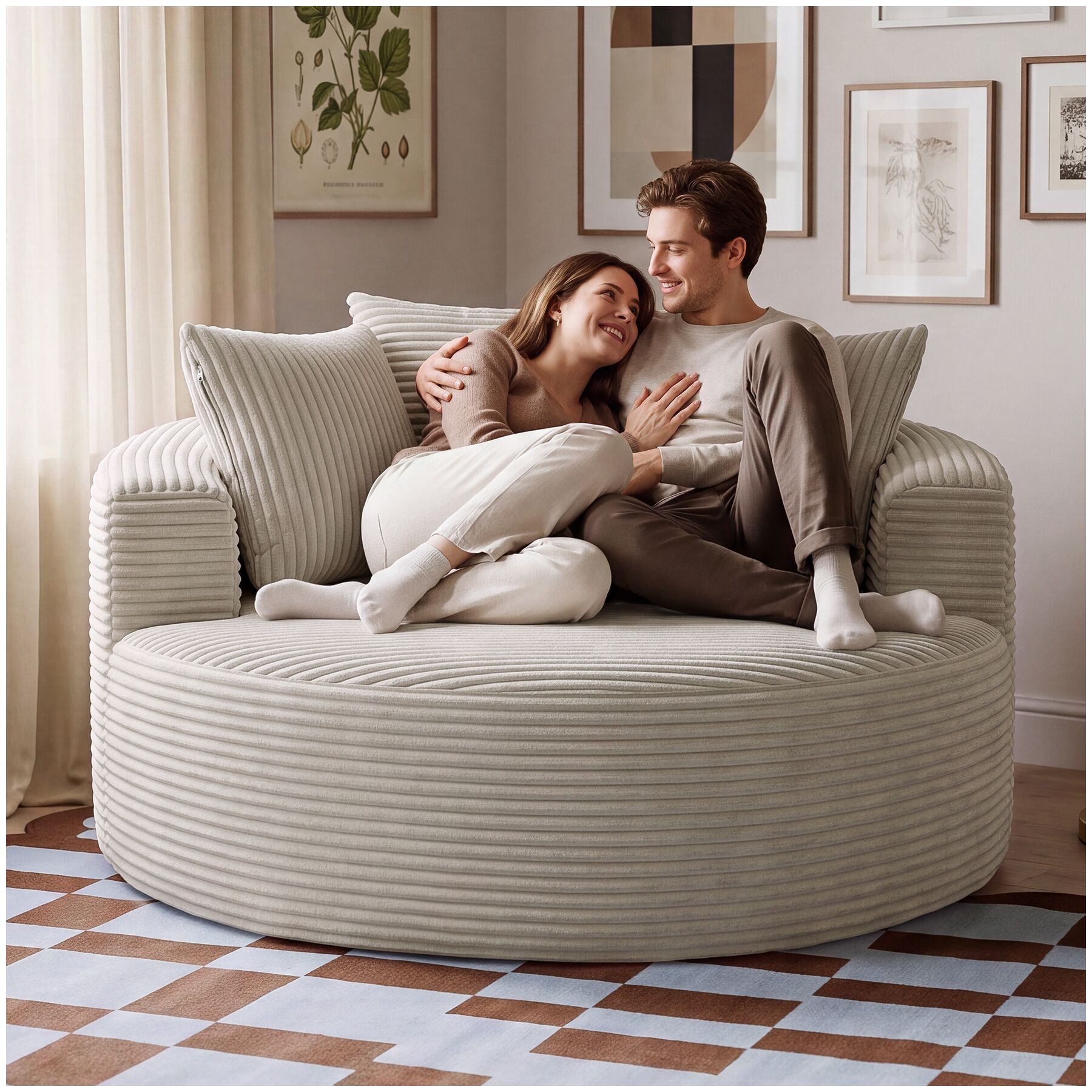 tectake Sofa Samtcord Ruhesessel mit halbkreisförmiger Lehne, rutschfest, Entspannungssessel Love, keine Montage erforderlich, Inkl. Kissen