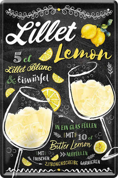 WOGEKA ART Metallbild Lillet Lemon - Cocktail Rezept - 20 x 30 cm Retro Blechschild Bar