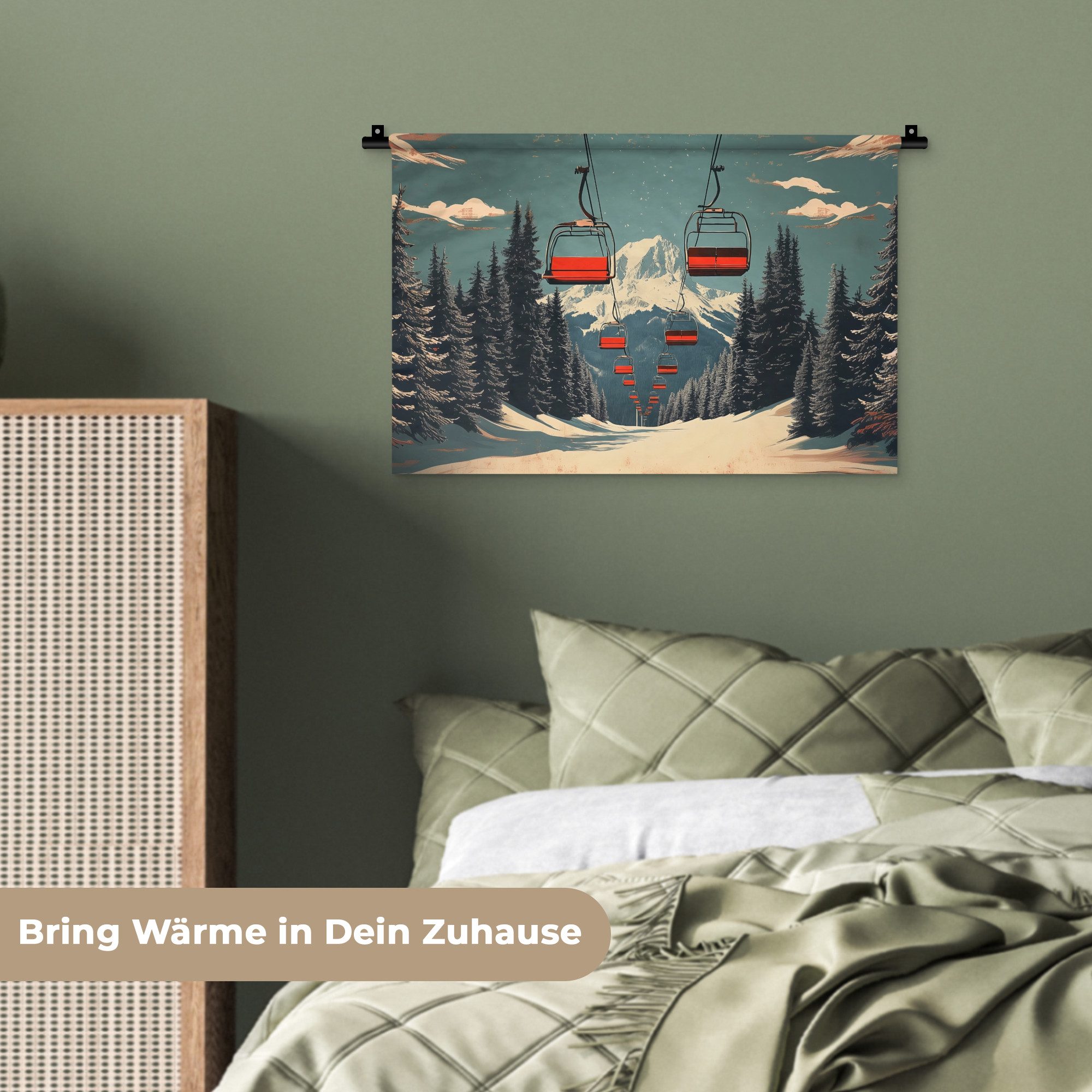 MuchoWow Wandteppich Schnee - Skilift - Rot - Bäume, Rechteckig, Höhe: 3 mm, Wandteppich für Wohnzimmer, Schlafzimmer, 60x40 cm