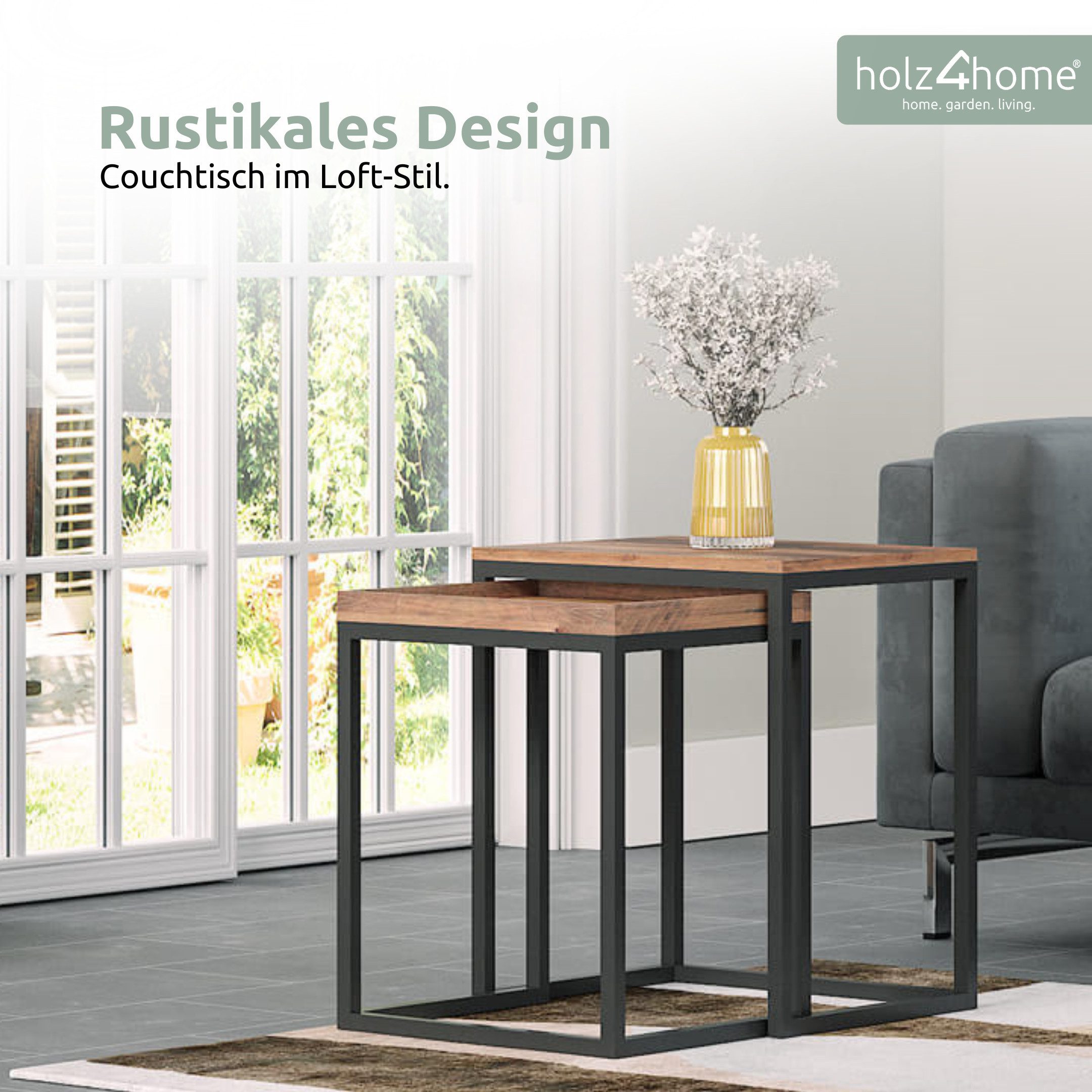 holz4home® Couchtisch Lannies 2er Set Eckig 45x40x55 cm I Wohnzimmertisch Industrial-Look (Kombinierbar), Einfache Montage