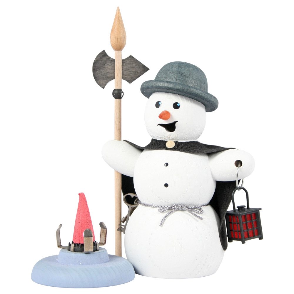 Kuhnert Räuchermännchen Schneemann als Nachtwächter - ca. 13 cm - aus Holz gefertigt, für Räucherkerzen der Größe M (Standard) - Made in Germany