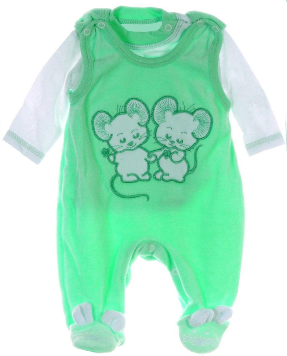 La Bortini Strampler Strampler und Shirt Baby Anzug in Grau Grün mit Maus aus weichem Velours, 44 50 56 62 68