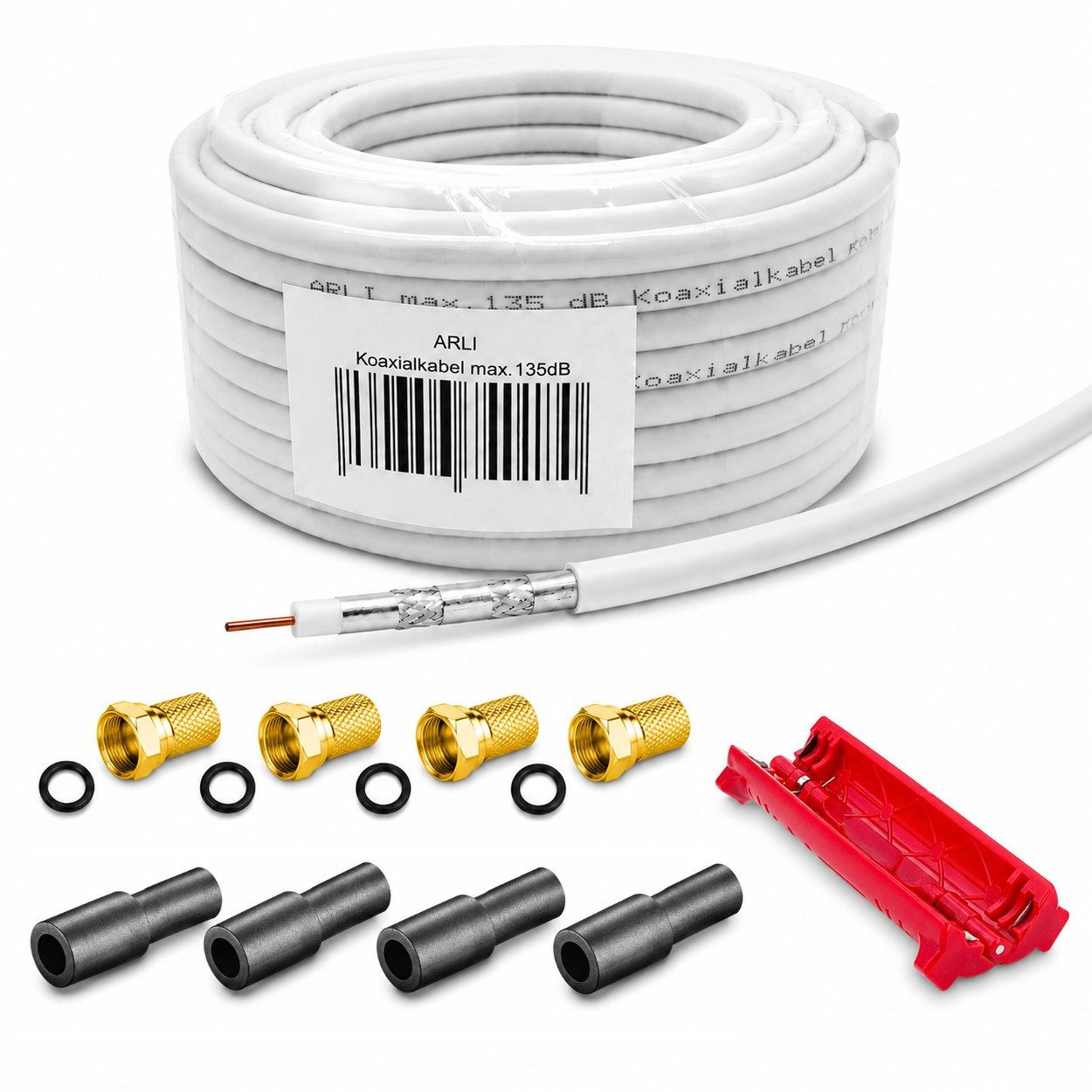 ARLI 50m Koaxialkabel + 4x F-Stecker + 4x Gummitülle + Abisoliermesser TV-Kabel, (5000 cm), 50 m TV Sat Koax Antennen Kabel 5-fach geschirmt Verlegekabel Set