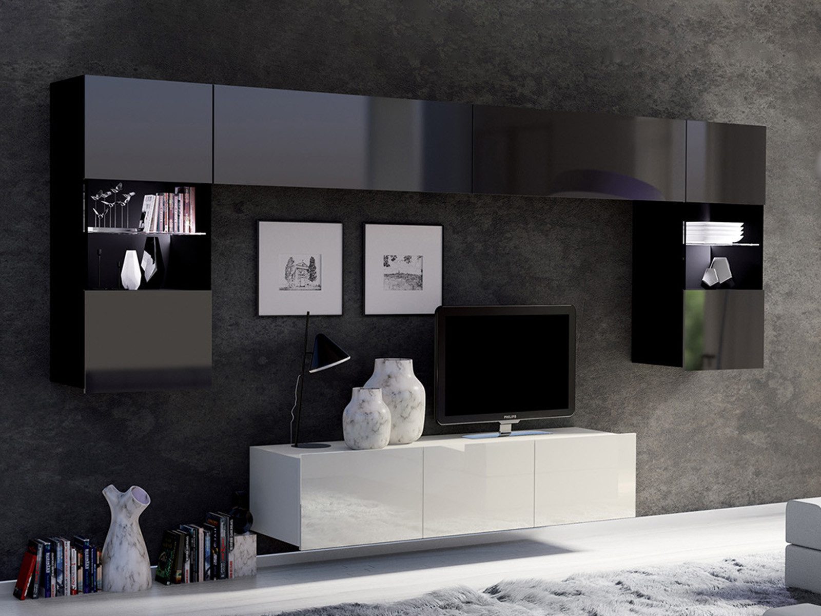 HAUSELEMENT Wohnwand CALABRINI-2, (5-St), Hängewohnwand Schrankwand LED-Beleuchtung Anbauwand Modern