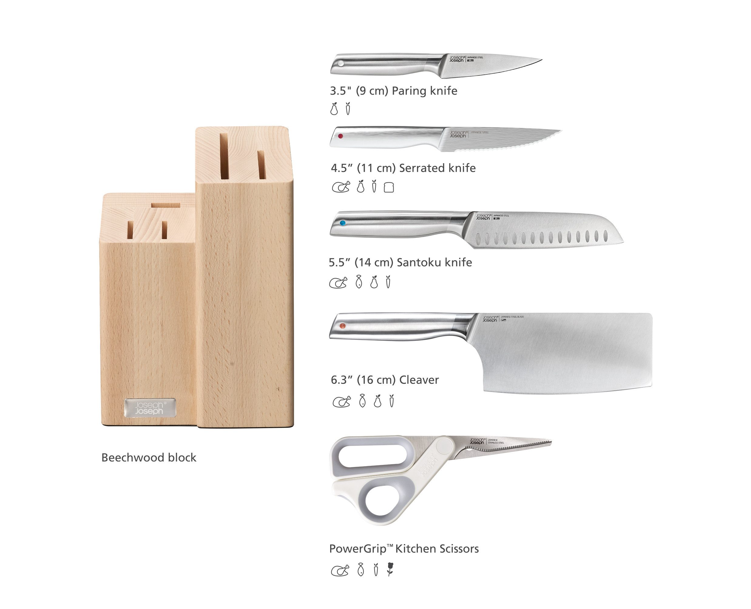 Joseph Joseph Messer-Set Elevate Fusion 5pc Knife & Scissor Block (5-tlg), rutschfest, japanischer Edelstahl