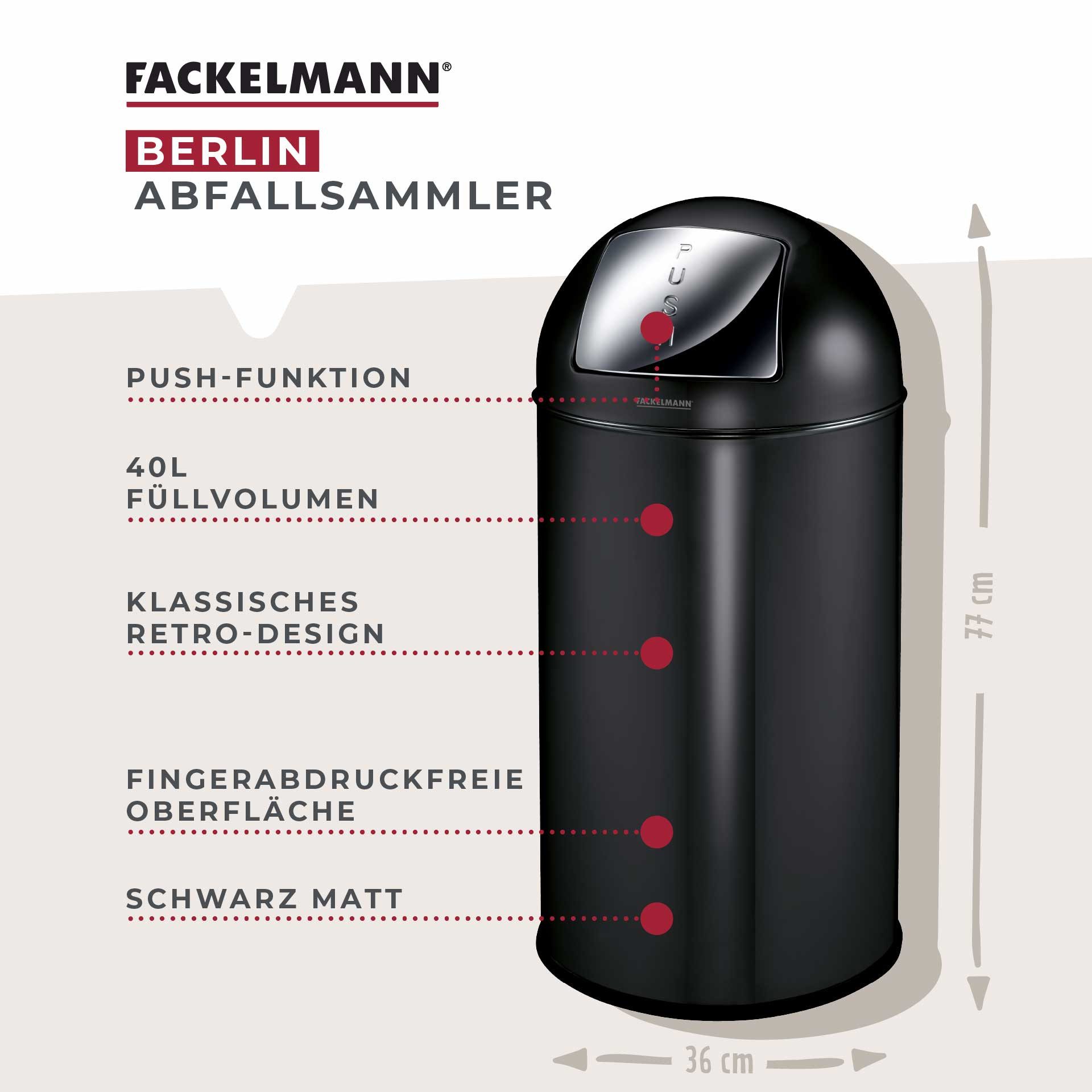 FACKELMANN Mülleimer BERLIN, Push Abfalleimer 40L, Retro-Design, großes Fassungsvolumen, lackiertes Edelstahlgehäuse