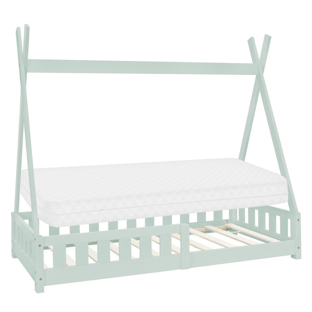 ML-DESIGN Spielbett Hausbett Tipi Zeltbett inkl. Lattenrost Bodenbett Kinder Himmelbett, Abenteuerbett mit Rausfallschutz Zelt Bett Kiefer Mint Kinderhaus