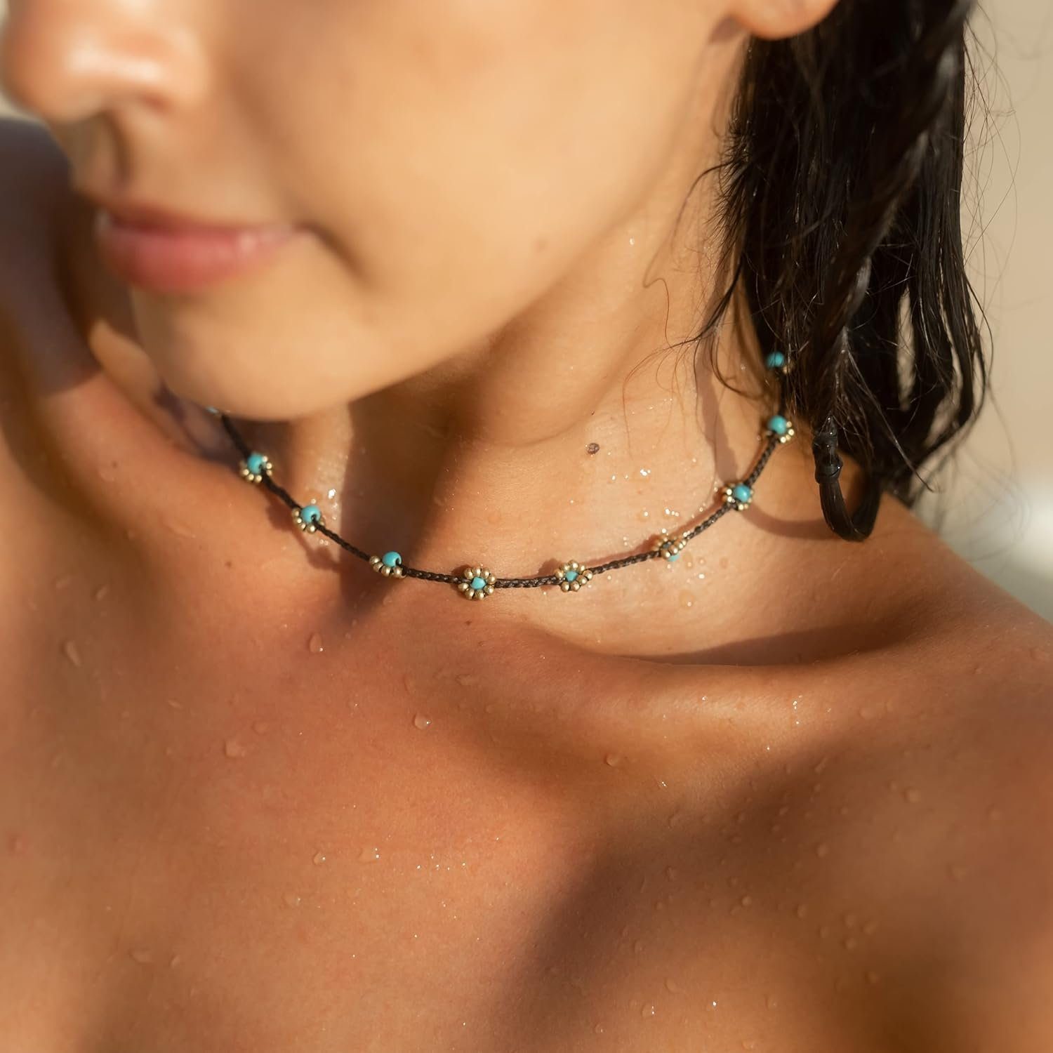 Made by Nami Perlenkette Surfer Halskette Perlen, Festival Strand Accessoires Goa Hippie Türkisfarbene Perlen