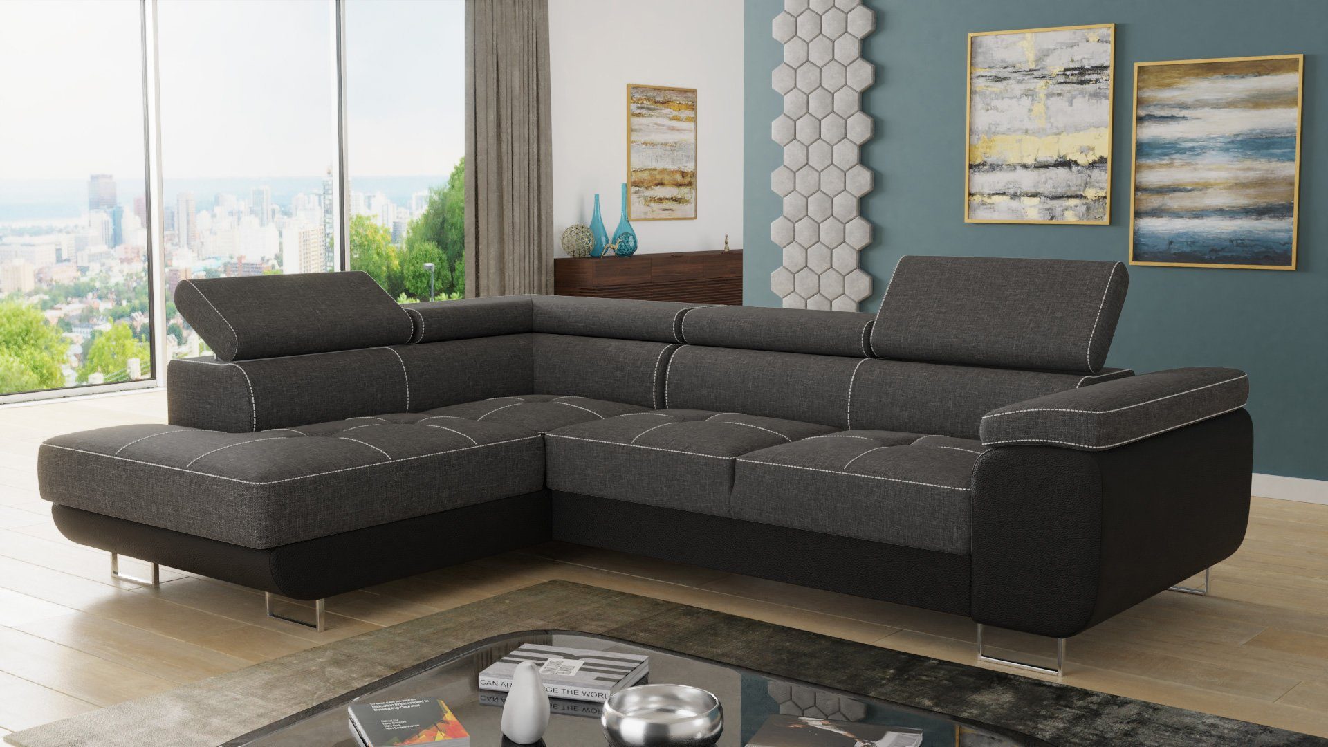 Sofnet Ecksofa Caris, mit Schlaffunktion und Bettkasten, Wohnlandschaft mit einstellbare Kopfstützen, Schlafsofa