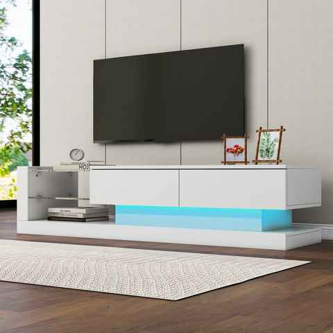 Merax Lowboard mit Glasablagen und LED-Beleuchtung, TV-Schrank hochglanz mit Klapptüren, Fernsehtisch, TV-Board, Breite:140cm