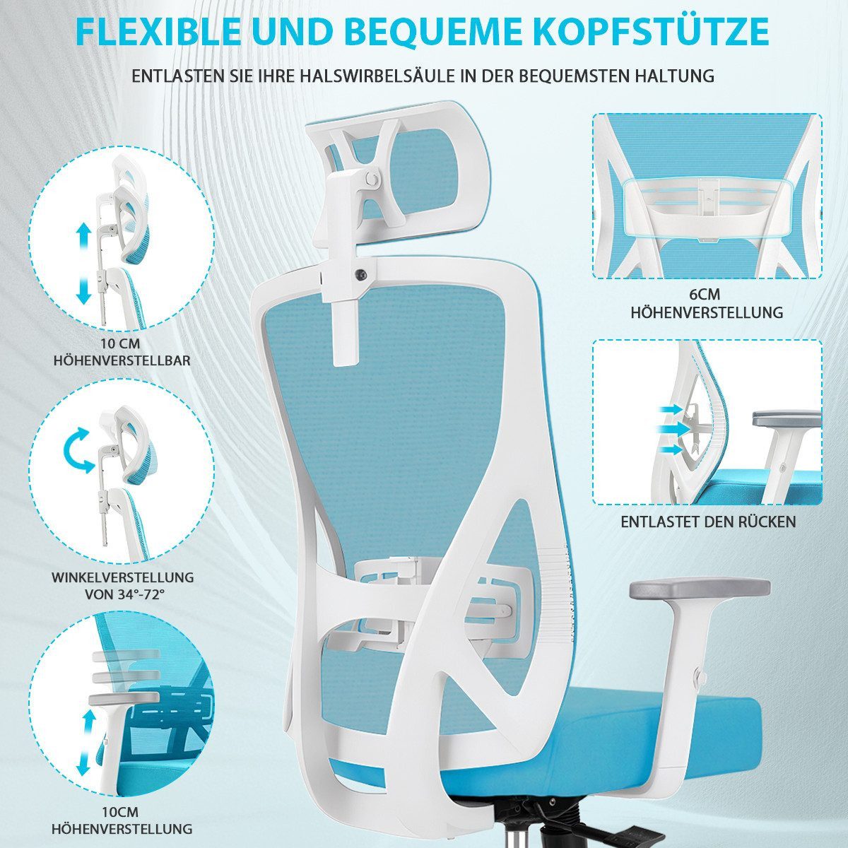 Durrafy Bürostuhl 200kg Ergonomischer Bürostuhl-Verstellbare Lordosenstütze (Verstellbare Lendenwirbelstutze + Kopfstutze + hohenverstelbare Armlehnen),bis zu 1 – Bild 4 von 5