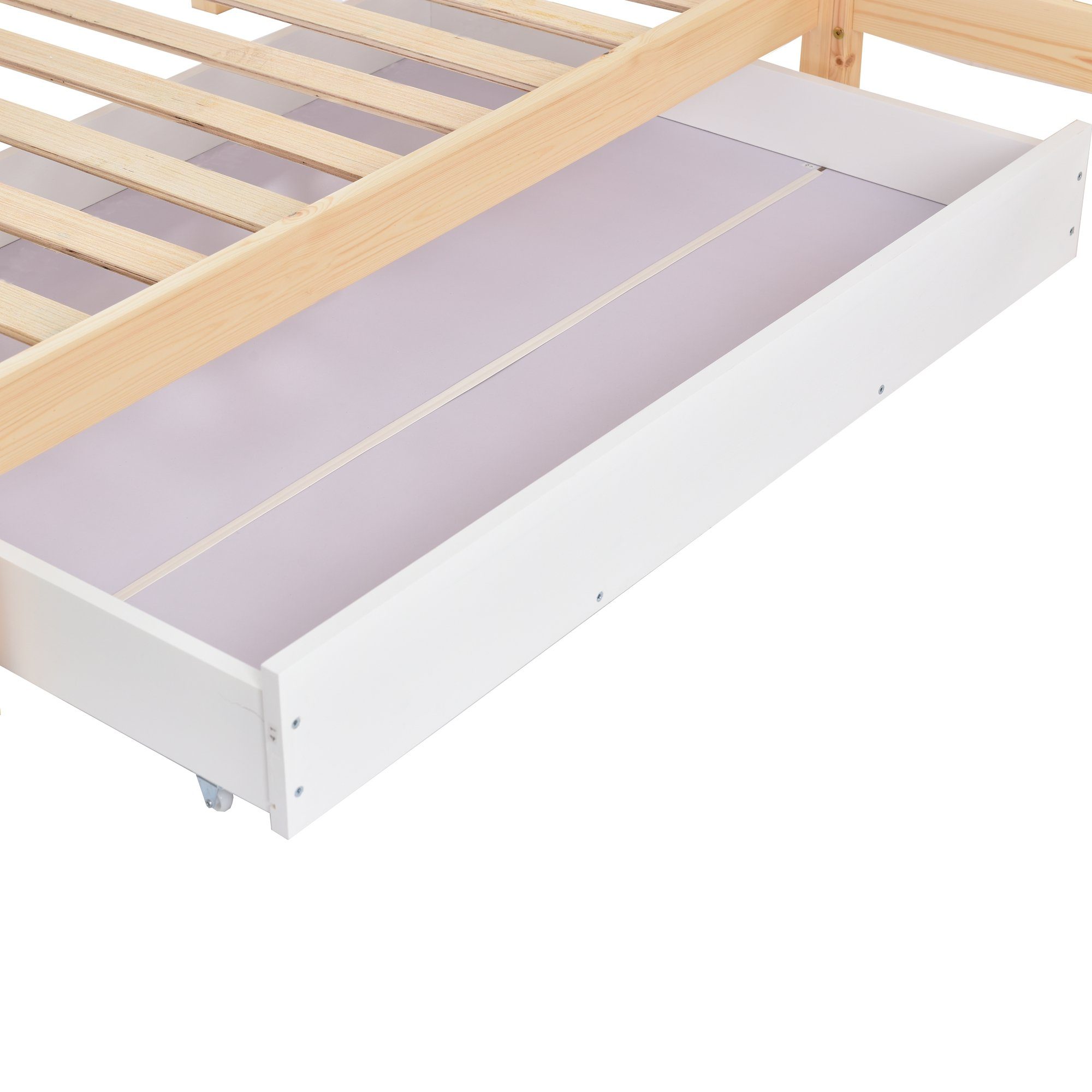 Kinderbett (1-tlg., Hausbett mit 2. Schlafgelegenheit, 90x200 cm, 70x140cm), Einzelbett mit Schublade, Regalen, Lattenrost, Zaun und Rausfallschutz