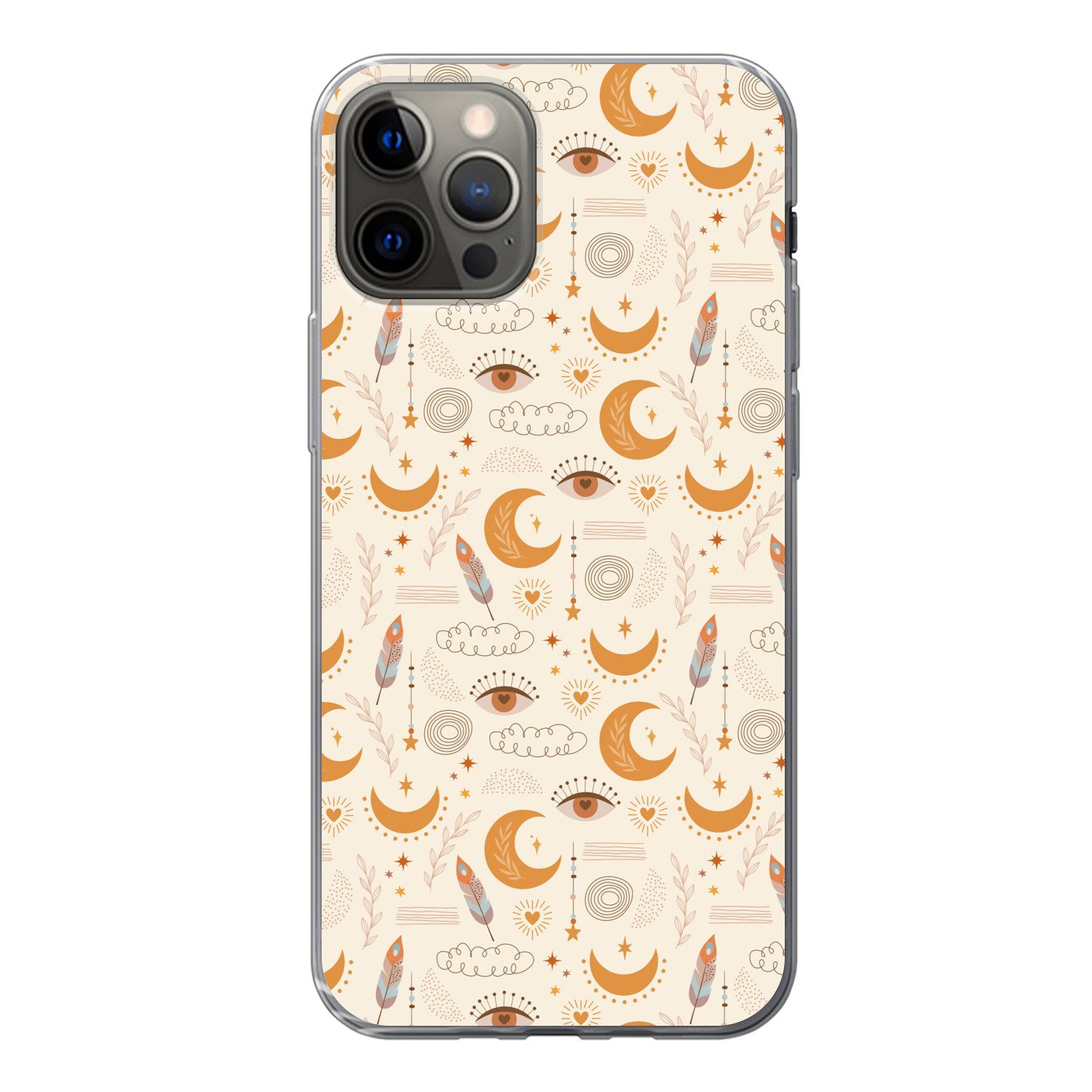 MuchoWow Handyhülle für Apple iPhone 13 Pro Boho - Druck - Augen - Mond - Federn - Beige, Smartphone-Bumper, Print, Handy Schutzhülle Dünn