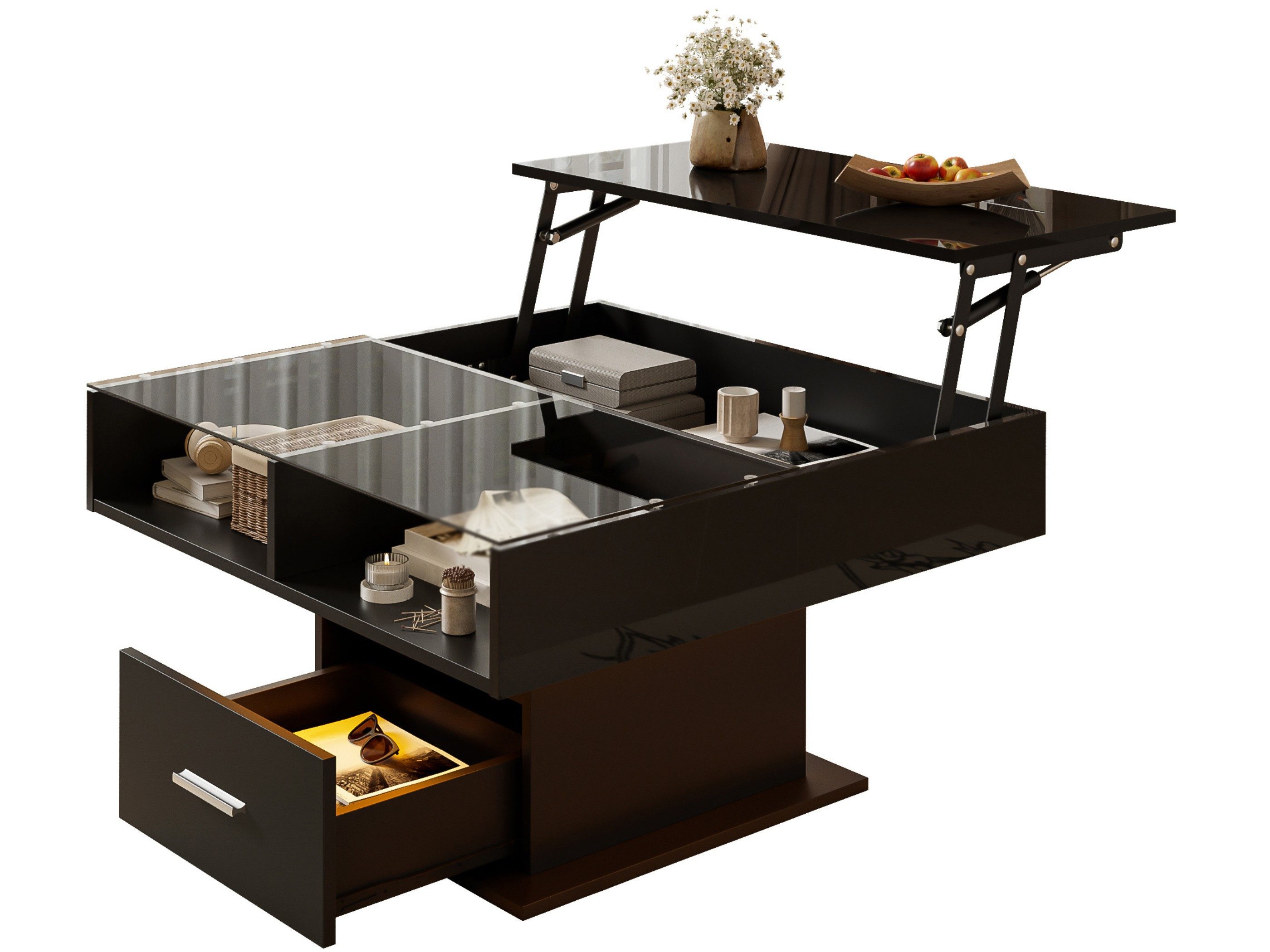 SeedWave Couchtisch Lift-Sofatisch mit Glasplatte, Schublade, Stauraum und LED (1 Tisch), Hubplatte, Glaseinsatz, Schublade, Stauraum und LED-Licht