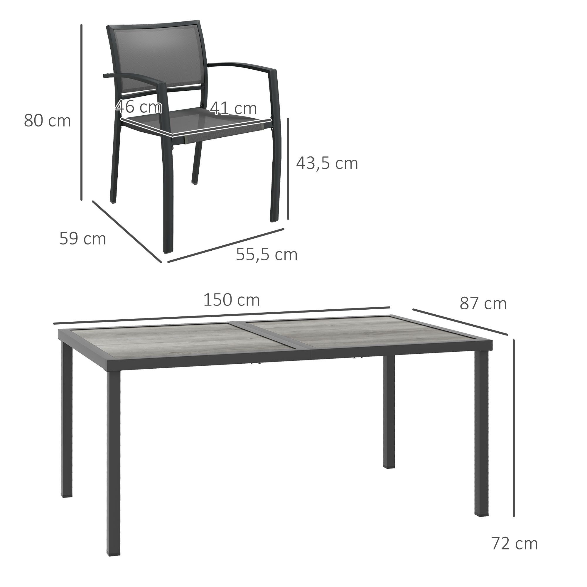 Outsunny Garten-Essgruppe 5 tlg. Sitzgruppe mit 1 Esstisch, 4 stapelbaren Stühlen, (Gartengarnitur, 5-tlg., Sitzgarnitur), für Terrasse, Mesh, Dunkelgrau