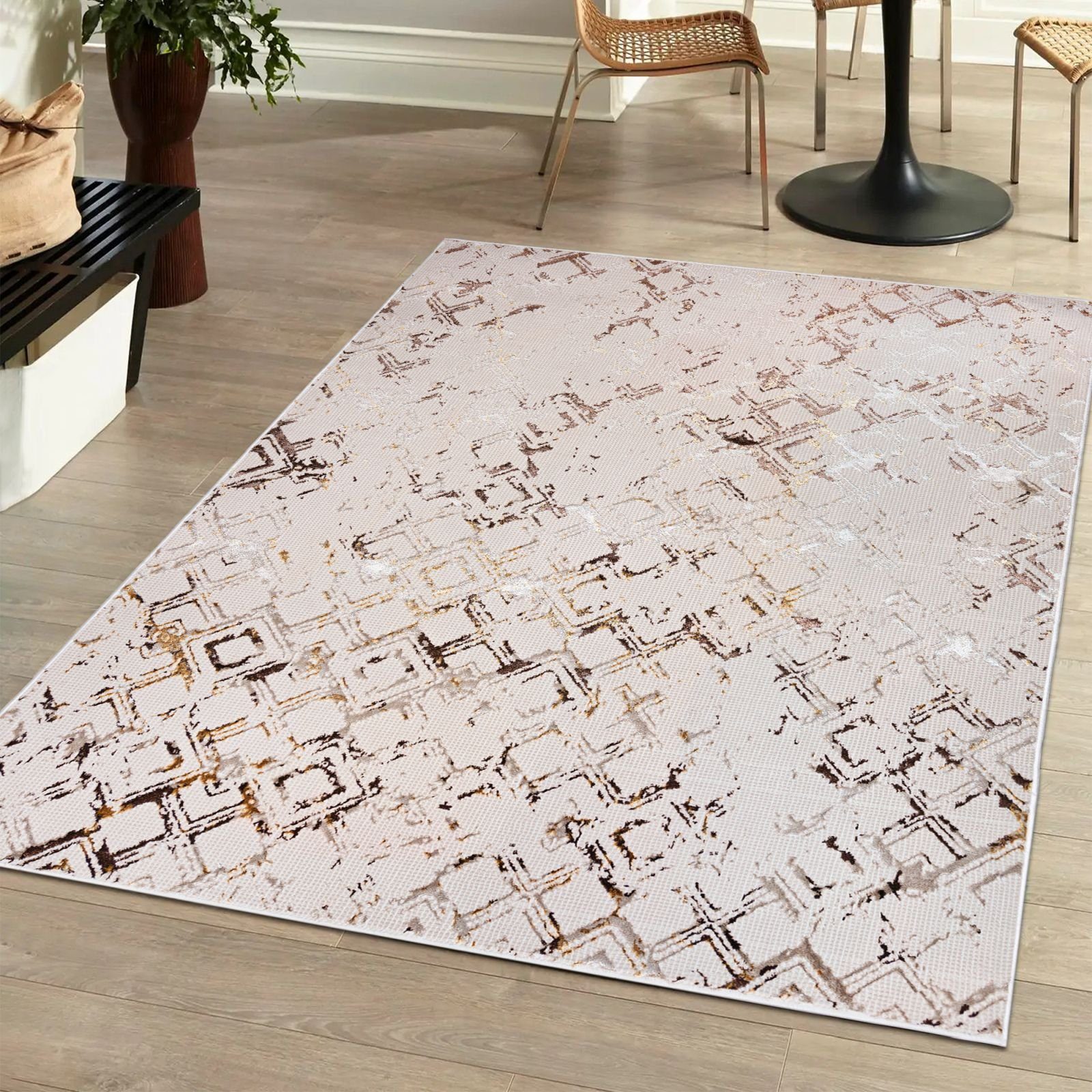 Designteppich Modern Teppich für Wohnzimmer - Glänzende - Beige Creme mit Gold, Mazovia, 80 x 150 cm, Glänzende Abstrakt Marmor, Höhe 10 mm, Kurzflor - niedrige Florhöhe, Weich, Pflegeleicht