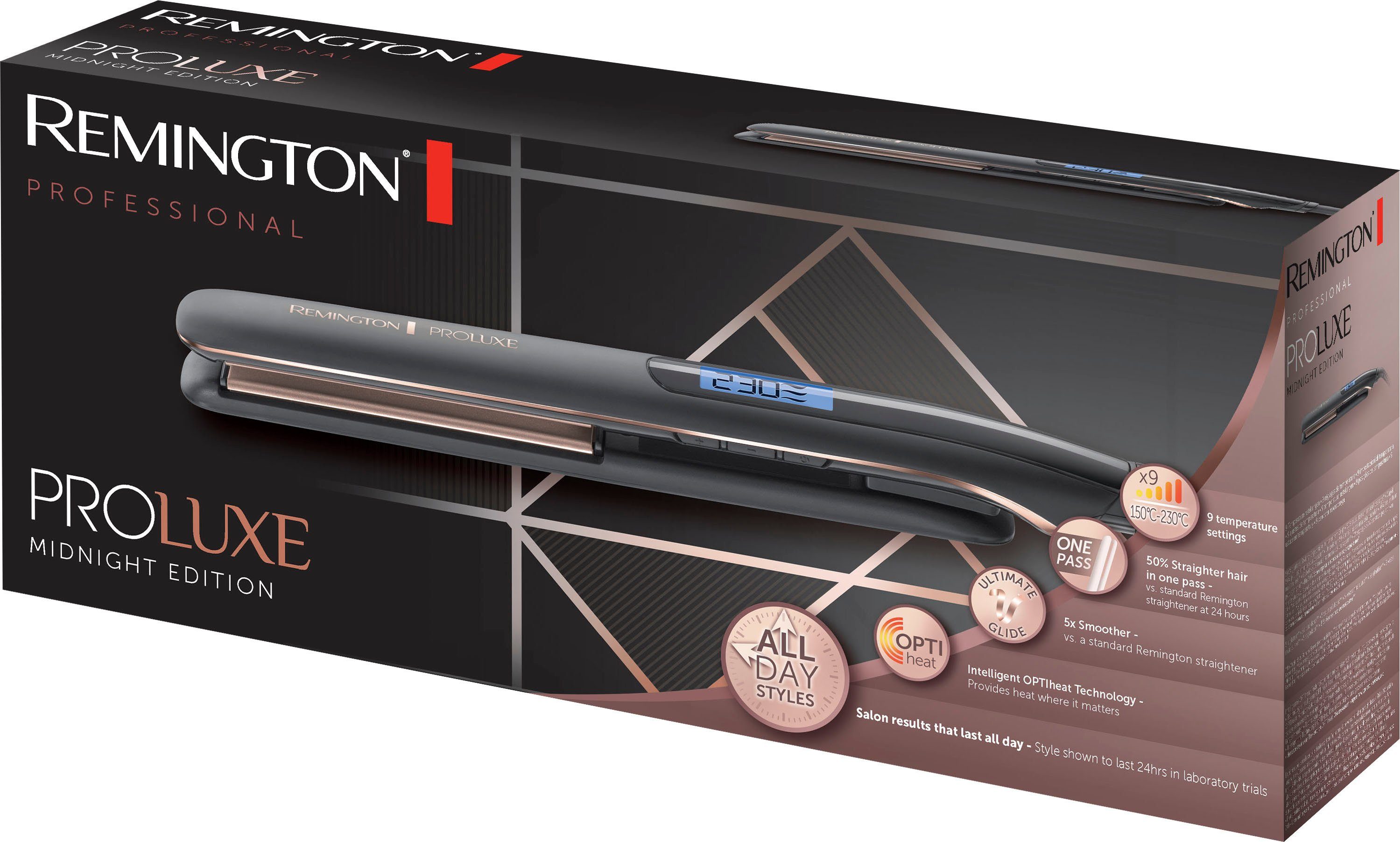 Remington Glätteisen S9100B von OPTIheat-Technologie, Ultimate-Glide-Keramik-Beschichtung, E51 °C PROluxe 9 150-230 Midnight Temperatureinstellungen