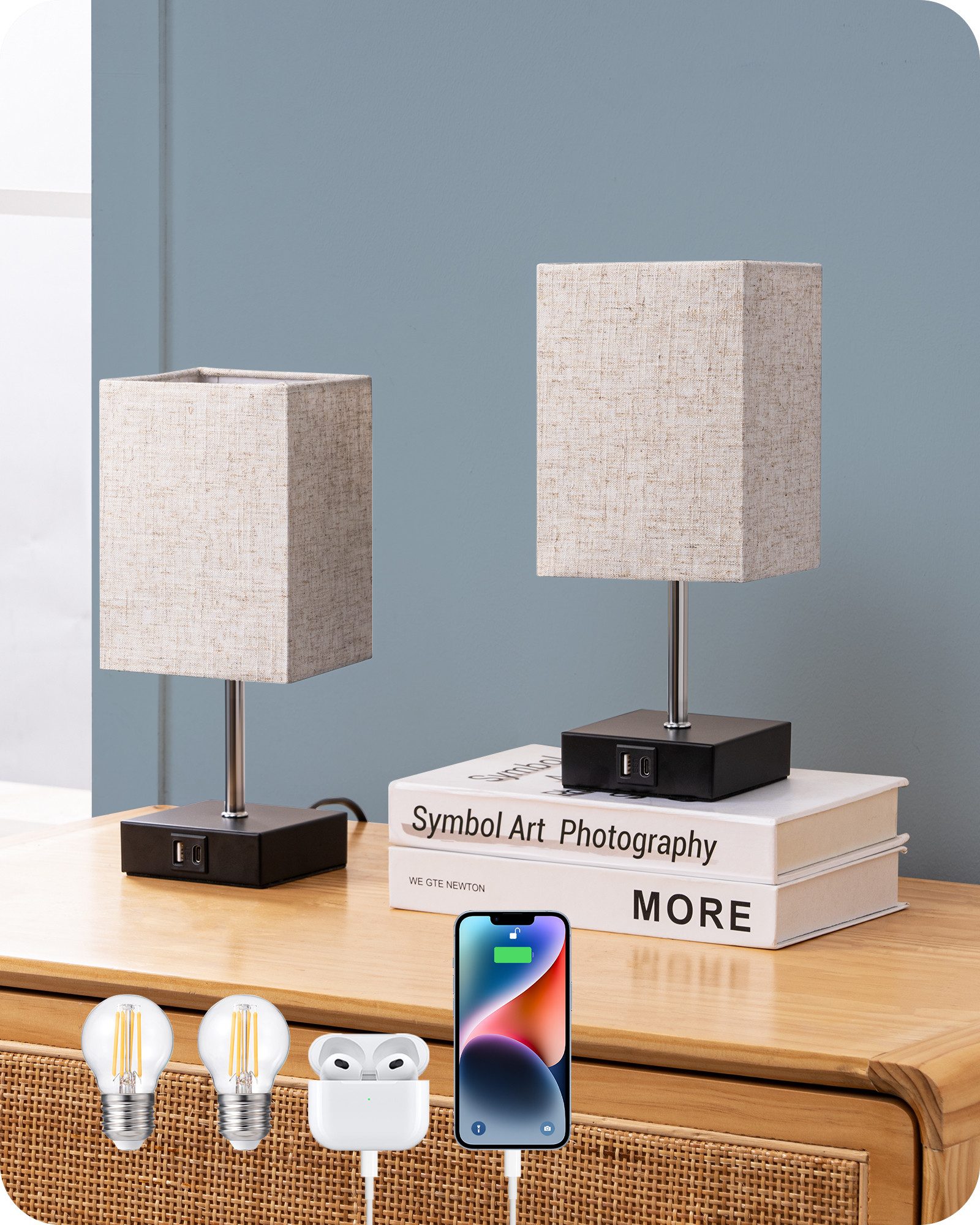 EDISHINE LED Nachttischlampe Touch Dimmbar, 2er-Set Tischleuchten mit USB, LED wechselbar, warmweiß, kleine Tischlampe mit Ladefunktion