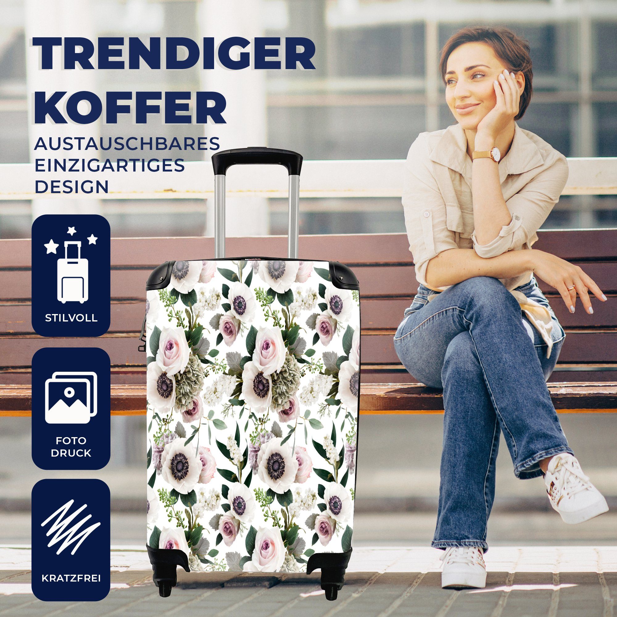 - - MuchoWow rollen, für Reisetasche Trolley, Handgepäckkoffer Blumen 4 Rollen, mit Reisekoffer Ferien, Handgepäck Anemone, Rosen