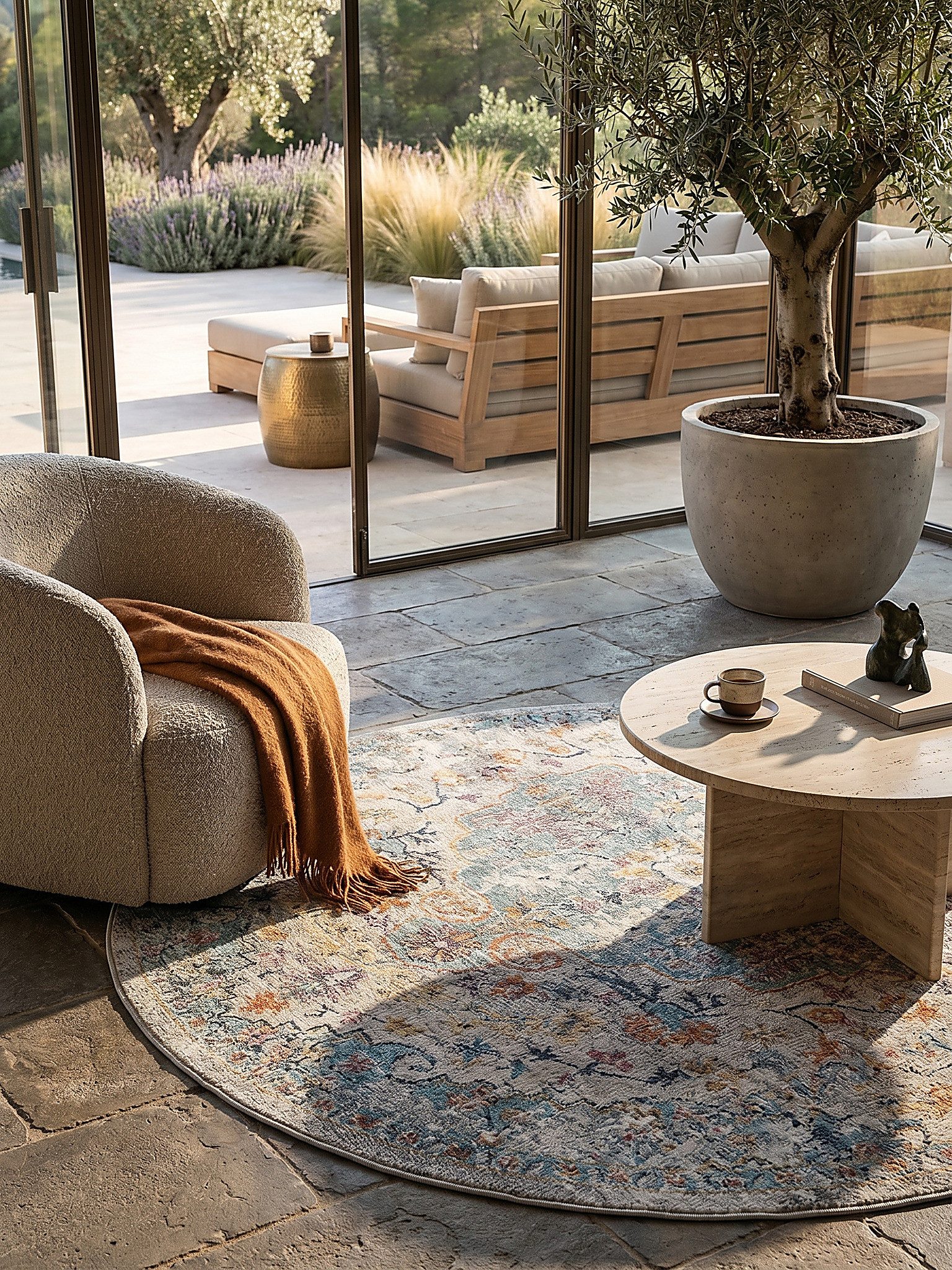 KADIMA DESIGN Outdoorteppich LIMMAT Outdoorteppich Mehrfarbig 120x120 Orientalisch Polypropylen, Rund, Höhe: 5 mm, Saugroboter-geeignet, Strapazierfähig, Pflegeleicht, Farbecht