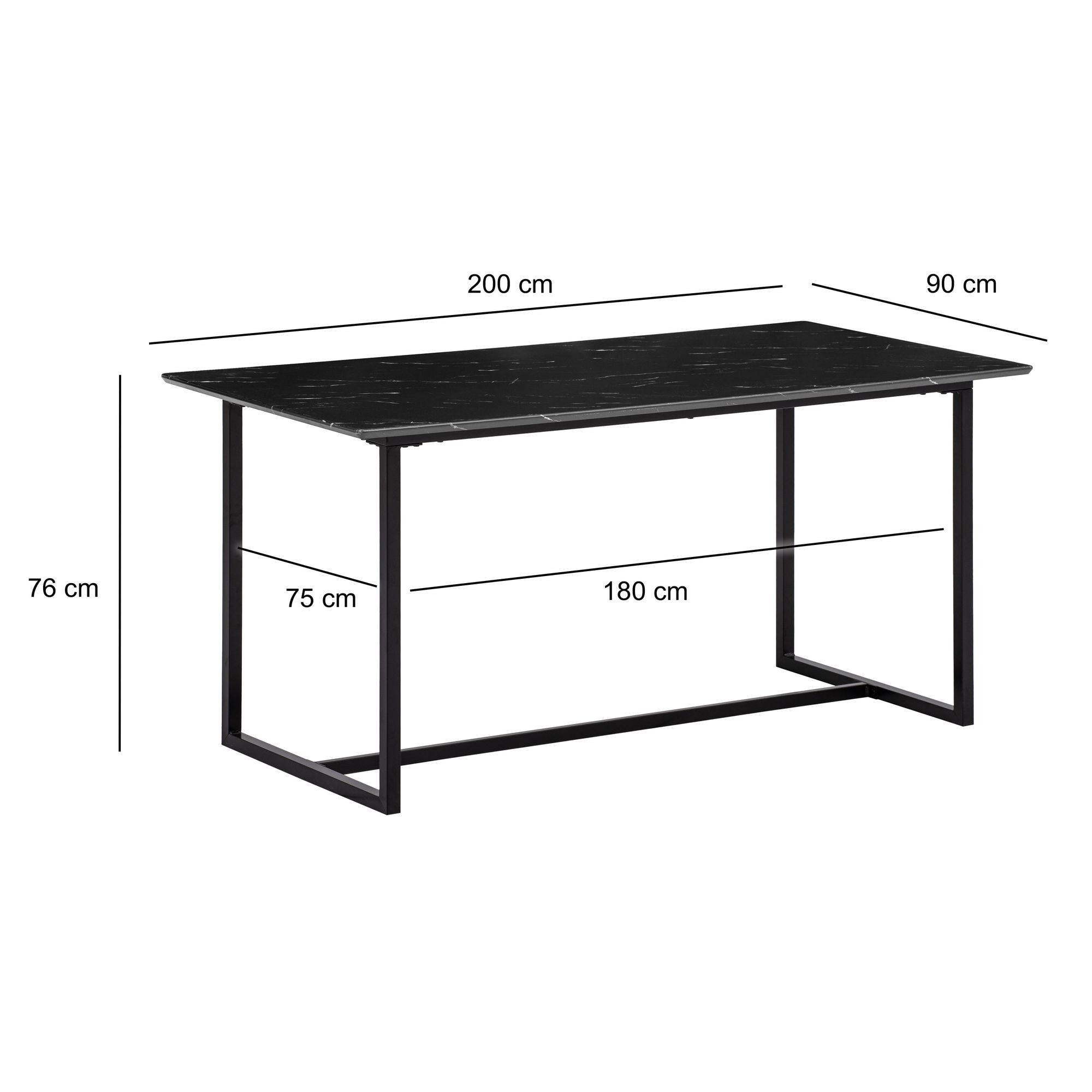 FINEBUY Esstisch FB60685 Esszimmertisch Marmor Optik Schwarz Küchentisch Tisch (Küchentisch Modern, 200x90 cm Marmor Optik Schwarz), Speisetisch Esszimmer, Esszimmertisch Metallbeine