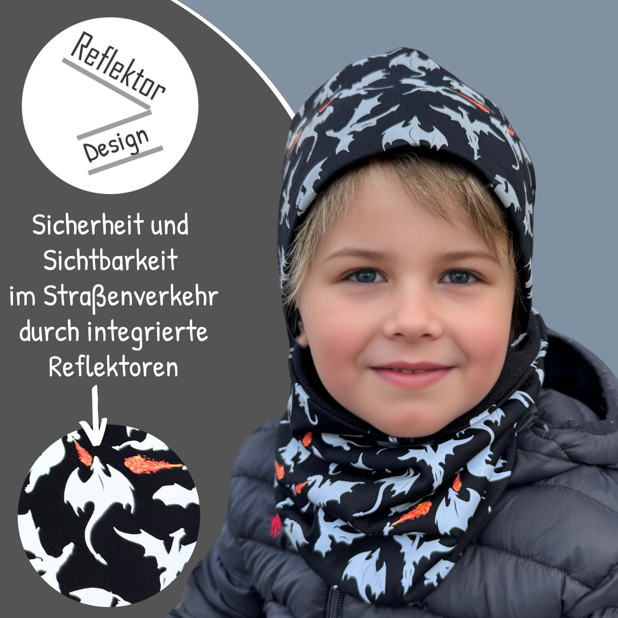 HECKBO Beanie 360° Reflektor Kinder Beanie Mütze & Loop Schal Set – Bild 3 von 5