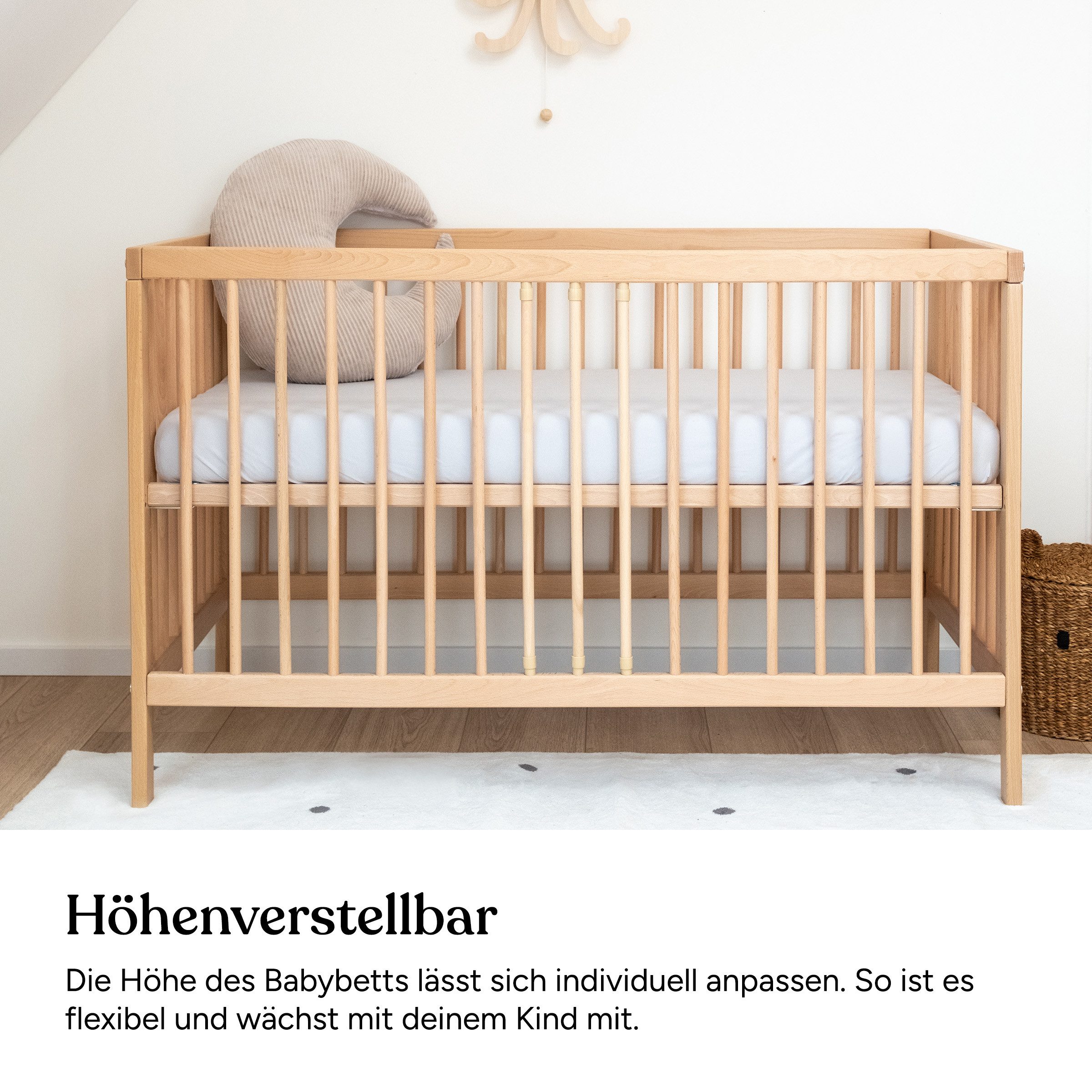Ehrenkind Babybett PUR aus massivem Buchenholz, flexibel höhenverstellbar, Gitterbett, Kinderbett 9-Fach höhenverstellbar mit entnehmbaren Stangen Baby Bett – Bild 4 von 5
