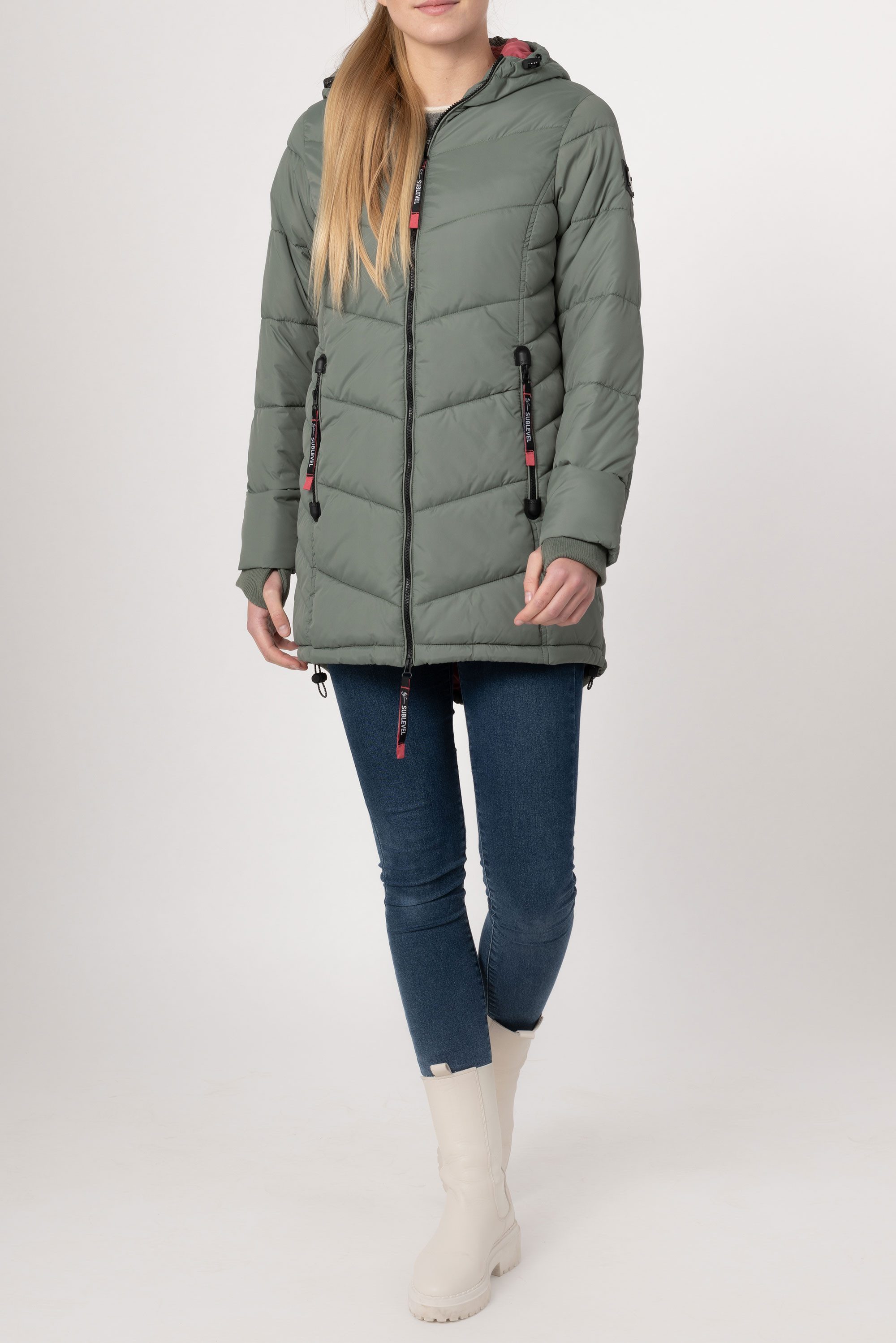 SUBLEVEL Steppjacke Damen Mantel mit Kapuze lange Winter Jacke Parka Stehkragen, Kapuze, flauschig, kuschelig, warm, Outdoor, Mantel