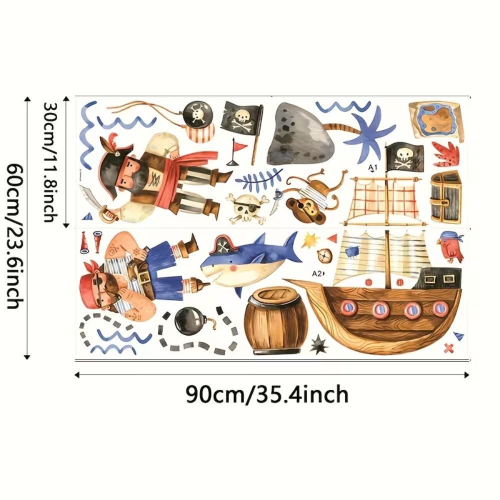 Montegoni Wandsticker Piraten Wandsticker Kinderzimmer Piratenschiff Hai Schatzkarte Deko (Mehrteiliges Wandtattoo Set, Piratenschiff Wandsticker Kinder Set), S – Bild 2 von 5
